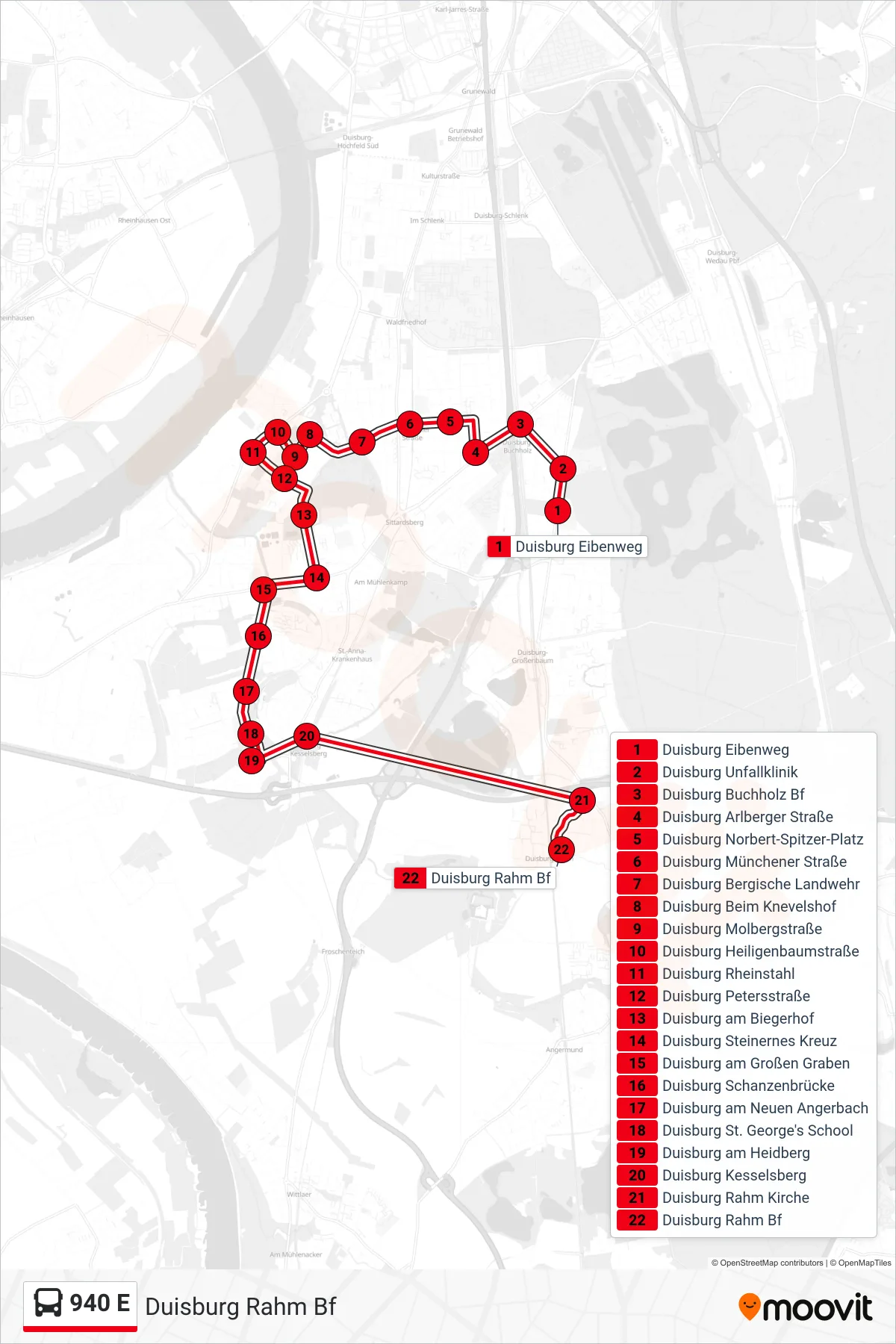 Linie 940 E (Bus) Richtung Duisburg Rahm Bf: Route und Haltestellen auf der Karte