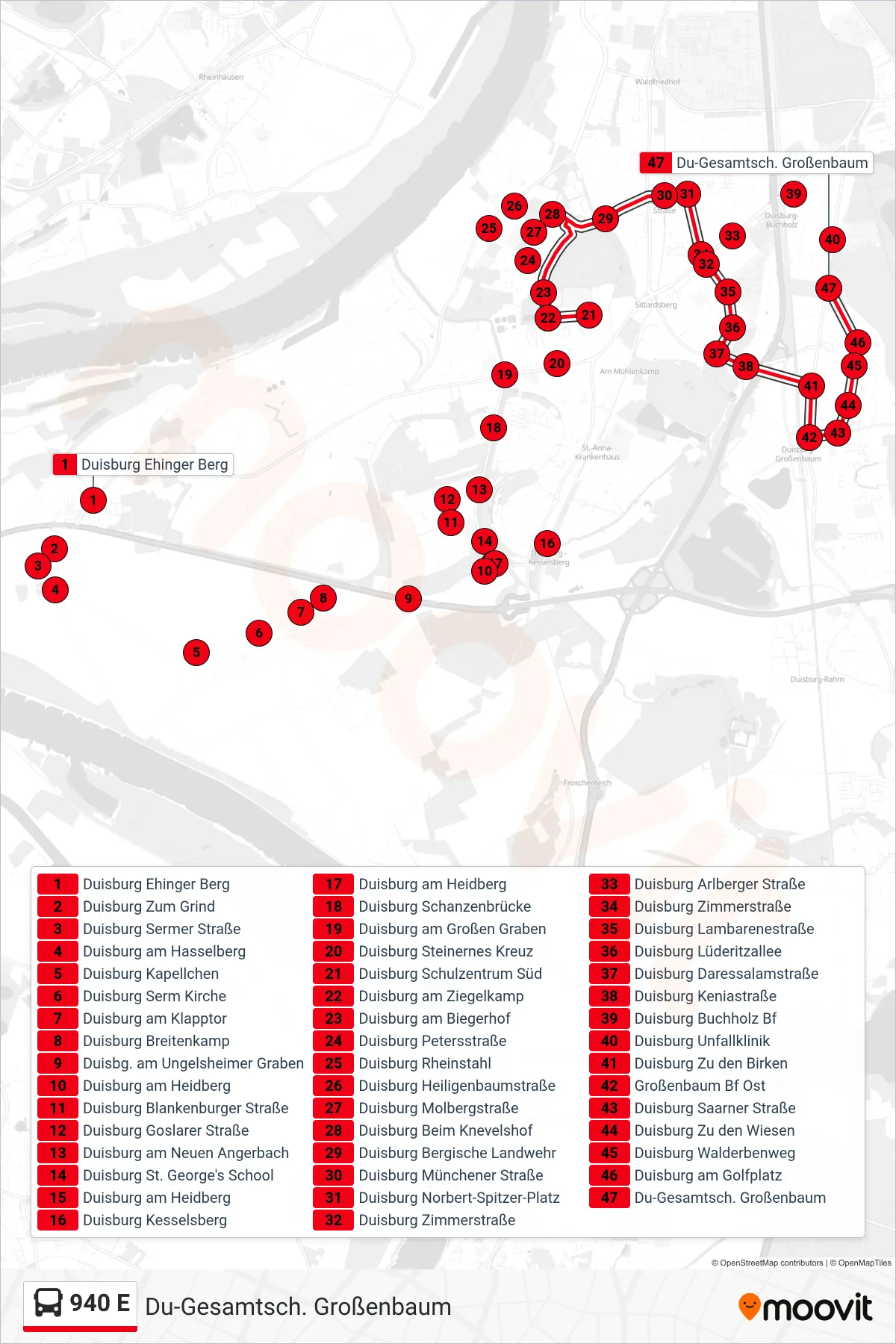 940 E bus Line (Du-Gesamtsch. Großenbaum) route and stops on a map
