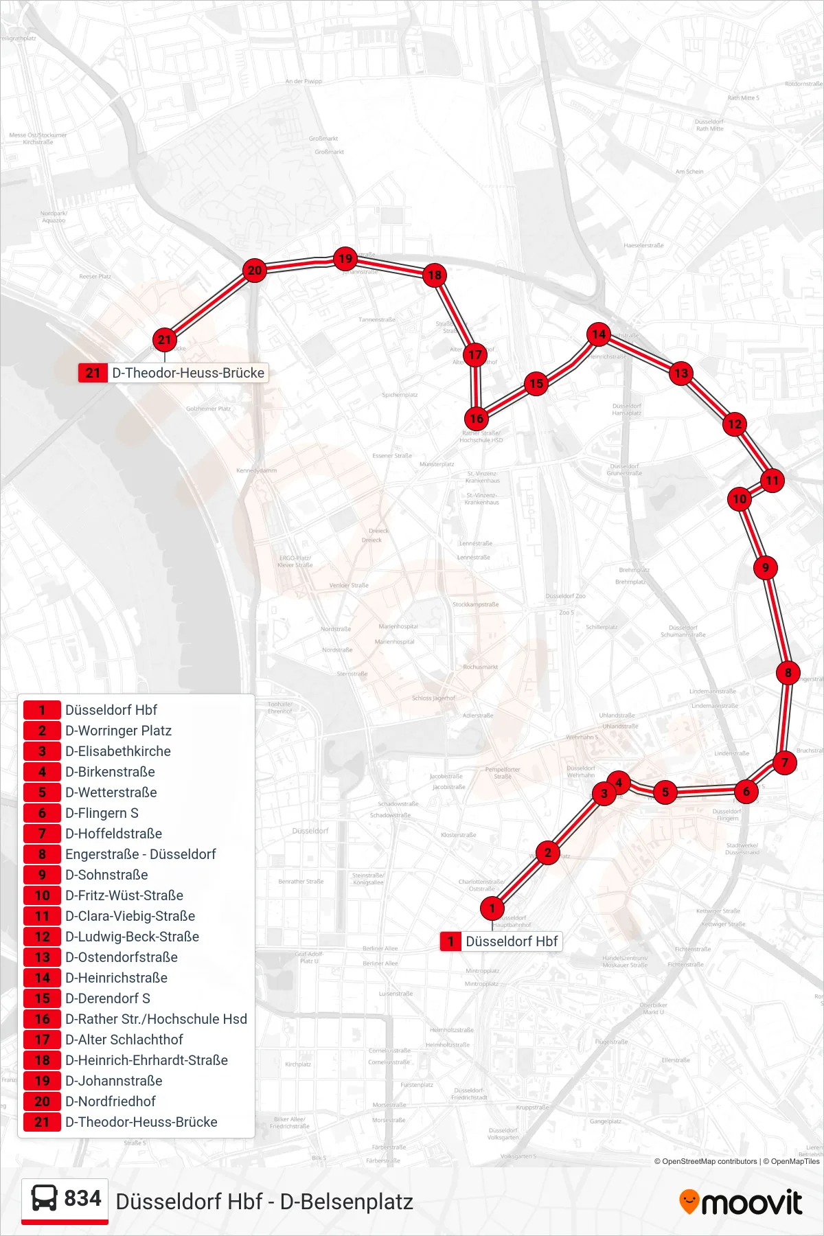 834 bus Line (D-Theodor-Heuss-Brücke) route and stops on a map