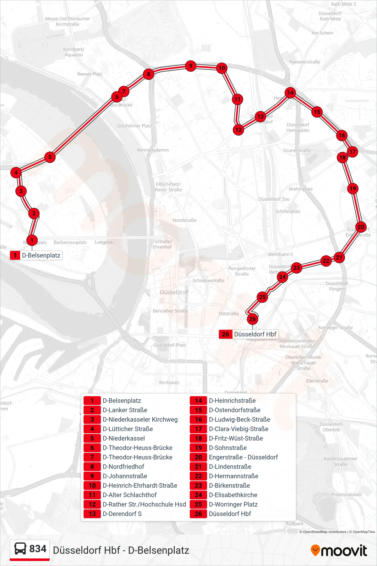 Linie 834 (Bus) Richtung Düsseldorf Hbf: Route und Haltestellen auf der Karte