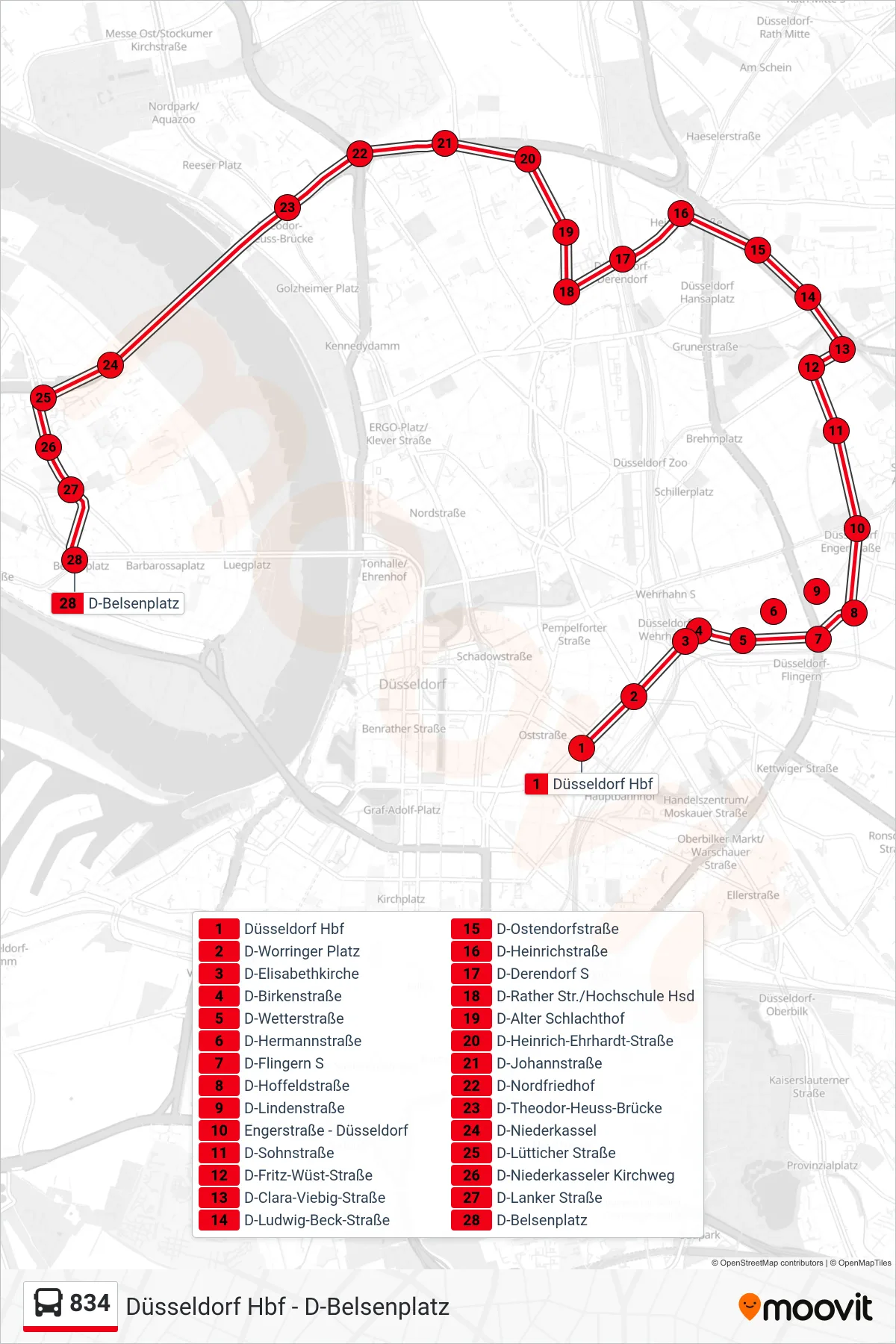 Linie 834 (Bus) Richtung D-Belsenplatz: Route und Haltestellen auf der Karte