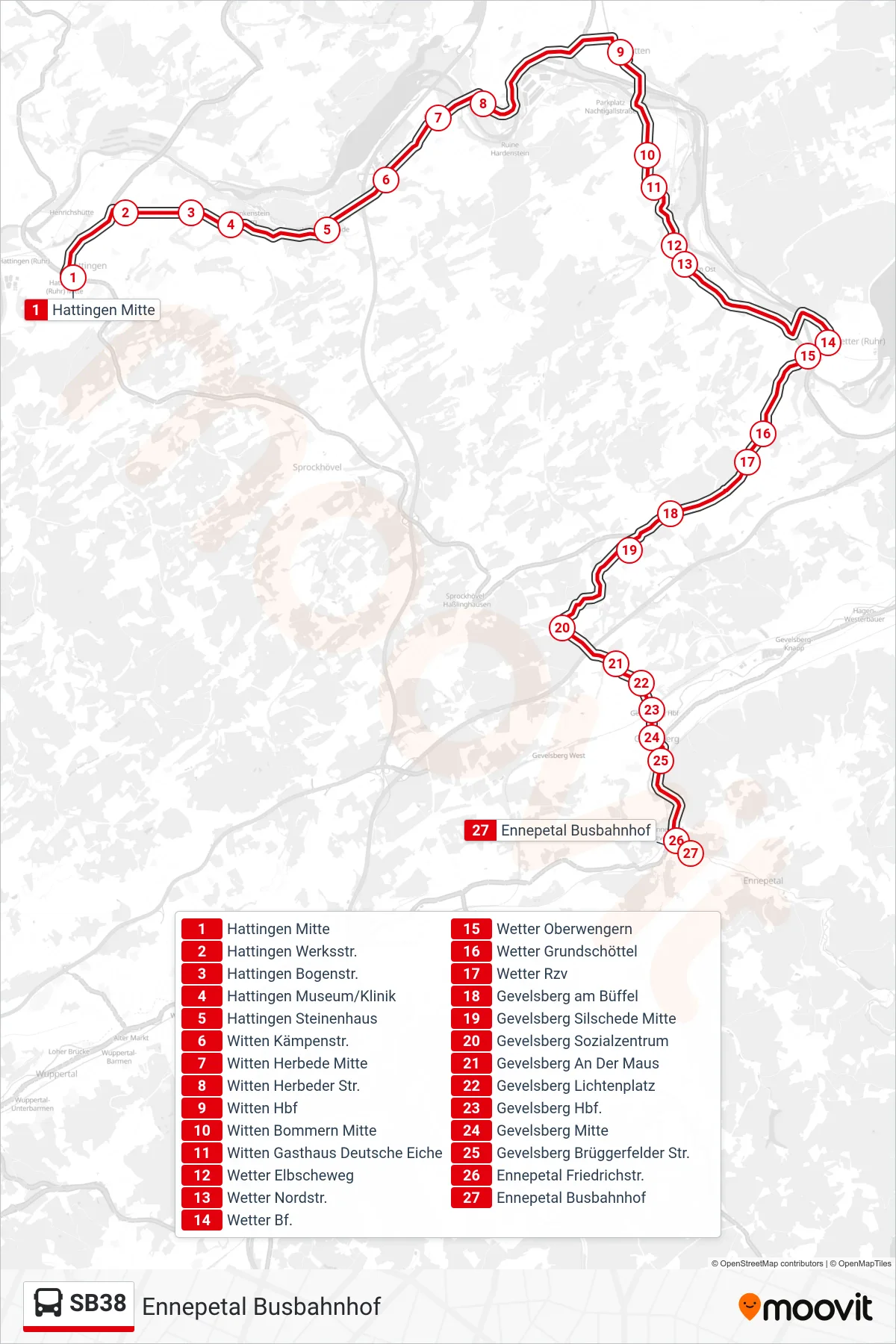 SB38 bus Line (Ennepetal Busbahnhof) route and stops on a map