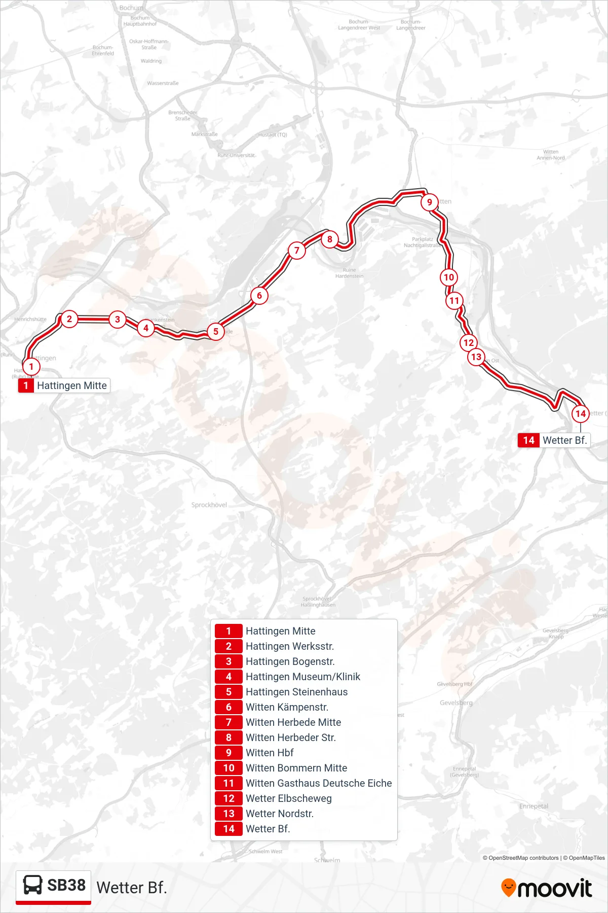 Linie SB38 (Bus) Richtung Wetter Bf.: Route und Haltestellen auf der Karte
