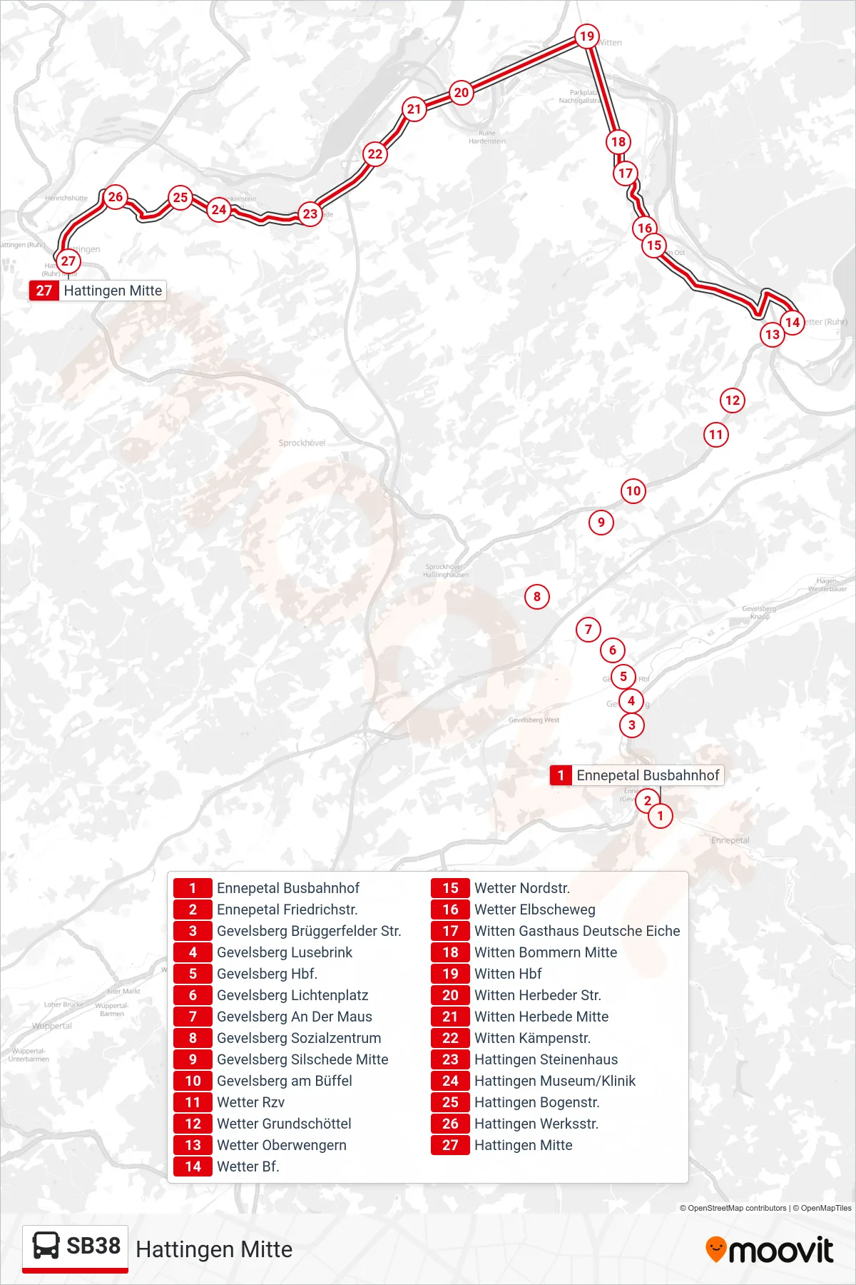 Linie SB38 (Bus) Richtung Hattingen Mitte: Route und Haltestellen auf der Karte