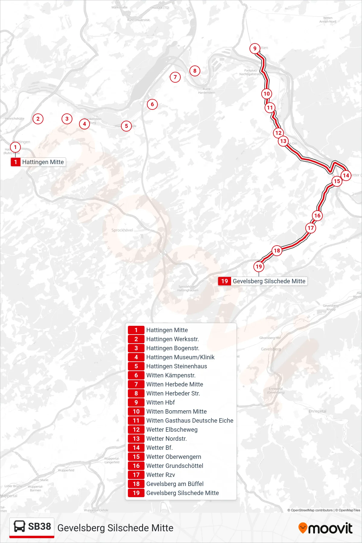 SB38 bus Line (Gevelsberg Silschede Mitte) route and stops on a map