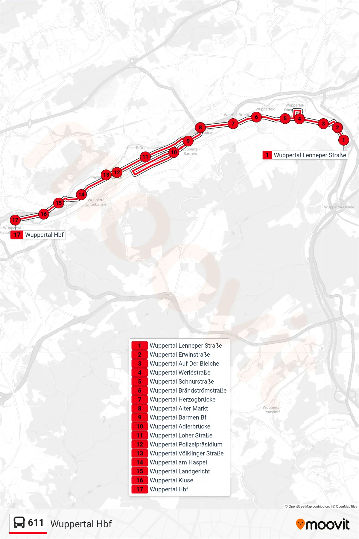 Linie 611 (Bus) Richtung Wuppertal Hbf: Route und Haltestellen auf der Karte
