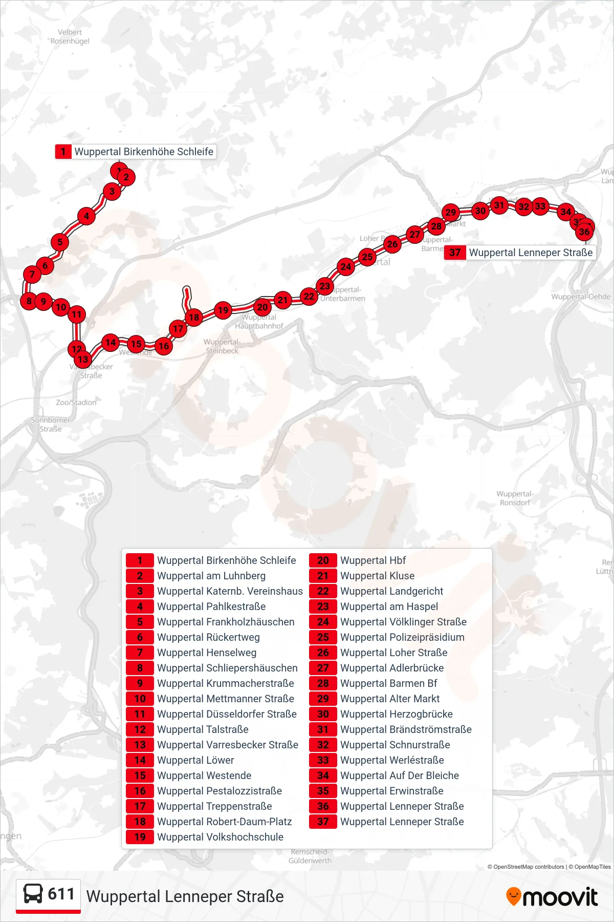 Linie 611 (Bus) Richtung Wuppertal Lenneper Straße: Route und Haltestellen auf der Karte