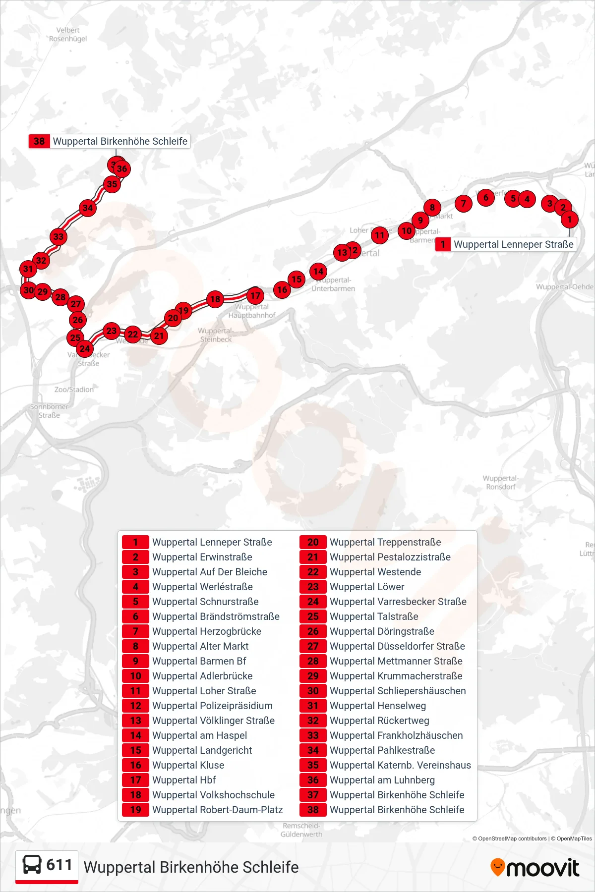 Linie 611 (Bus) Richtung Wuppertal Birkenhöhe Schleife: Route und Haltestellen auf der Karte