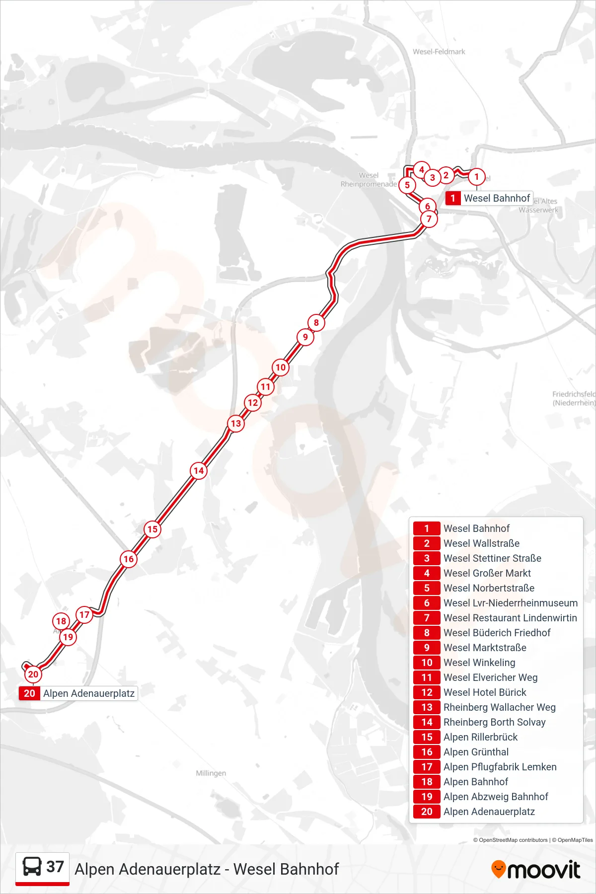Linie 37 (Bus) Richtung Alpen Adenauerplatz: Route und Haltestellen auf der Karte