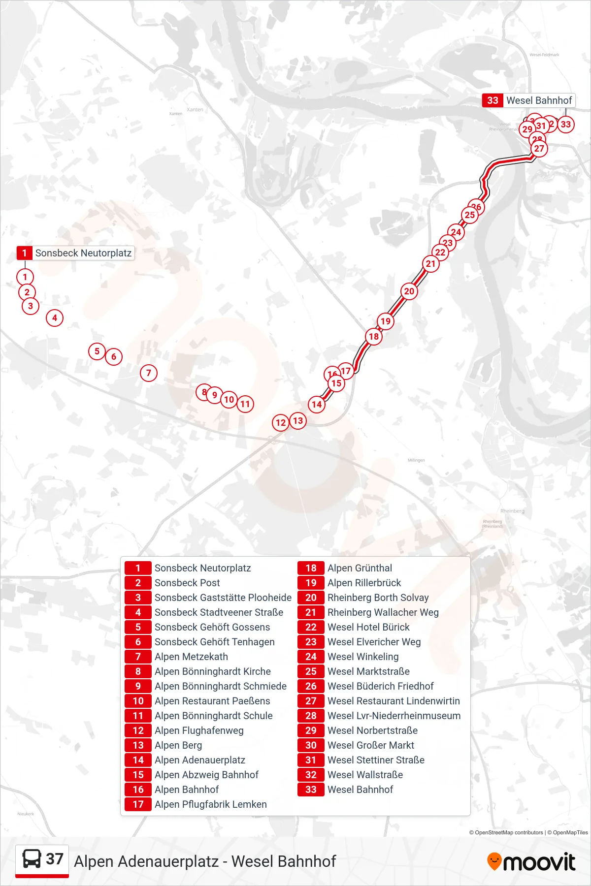 Linie 37 (Bus) Richtung Wesel Bahnhof: Route und Haltestellen auf der Karte