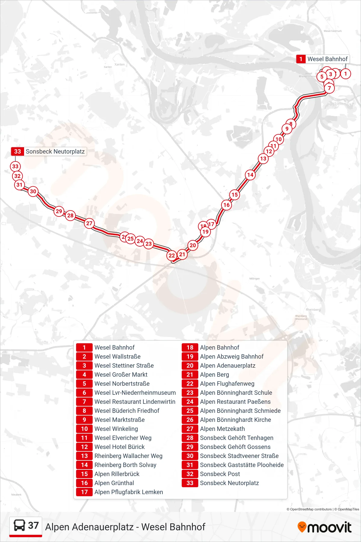 Linie 37 (Bus) Richtung Sonsbeck Neutorplatz: Route und Haltestellen auf der Karte