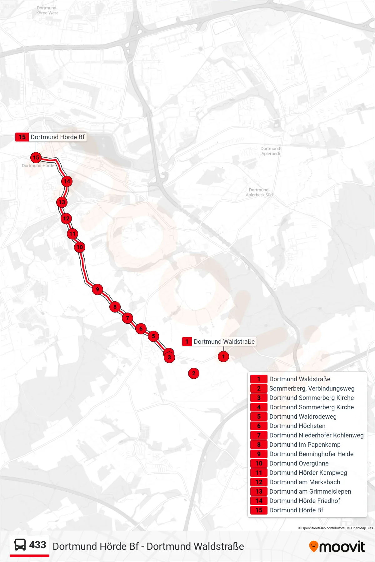 433 bus Line (Dortmund Hörde Bf) route and stops on a map