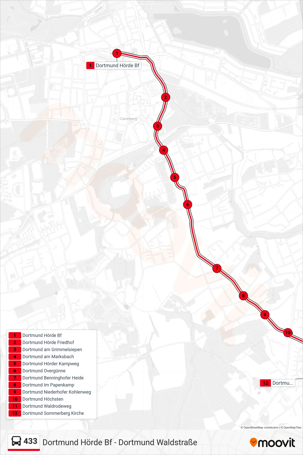 Linie 433 (Bus) Richtung Dortmund Sommerberg Kirche: Route und Haltestellen auf der Karte