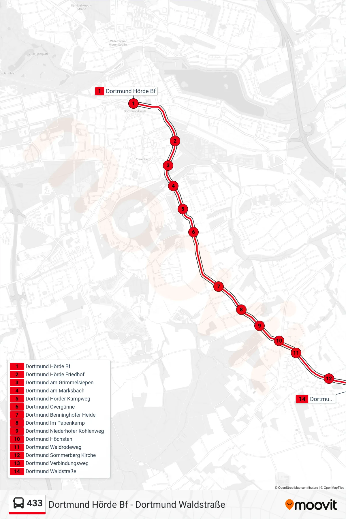 Linie 433 (Bus) Richtung Dortmund Waldstraße: Route und Haltestellen auf der Karte
