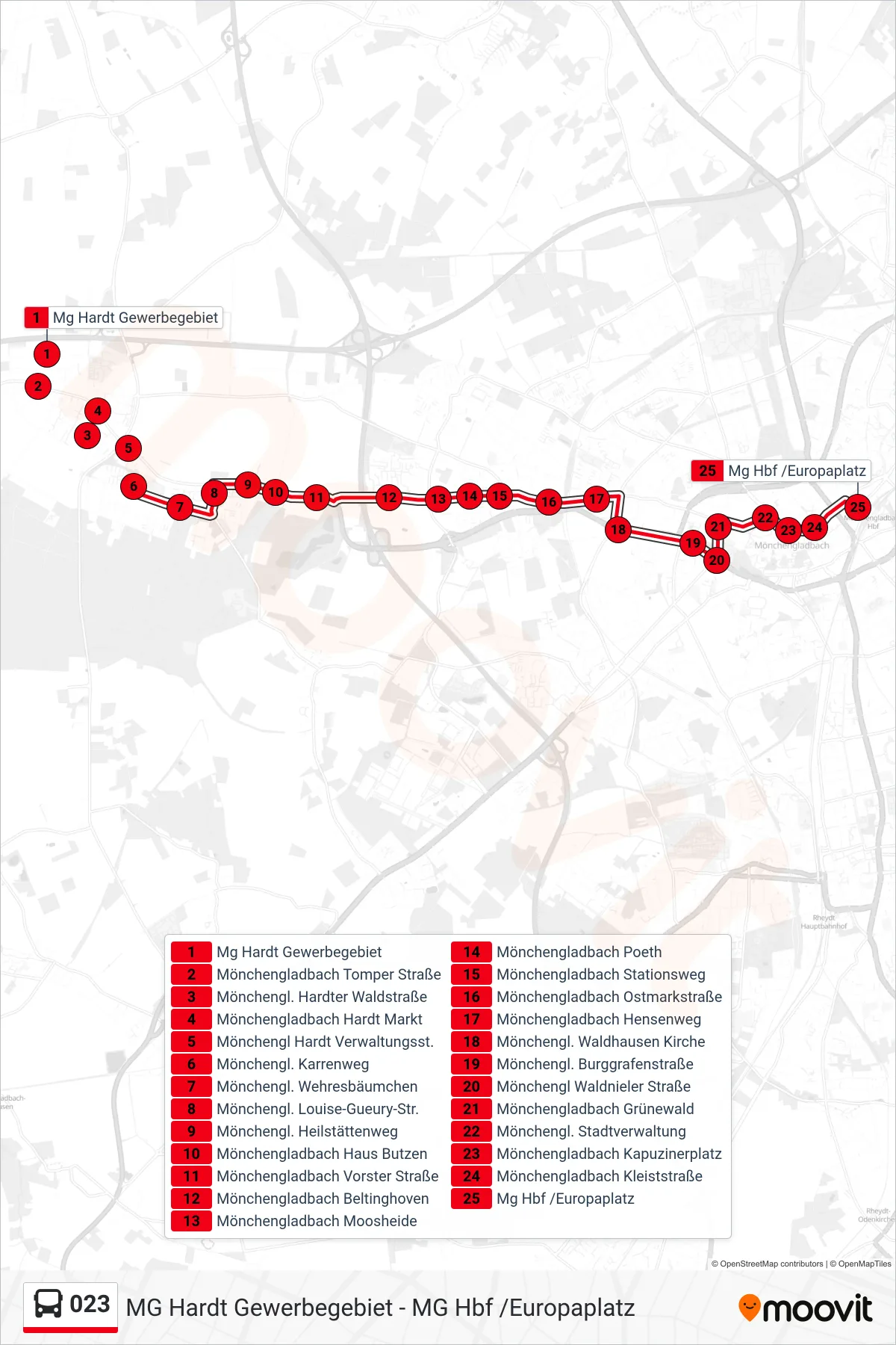 023 bus Line (Mg Hbf /Europaplatz) route and stops on a map