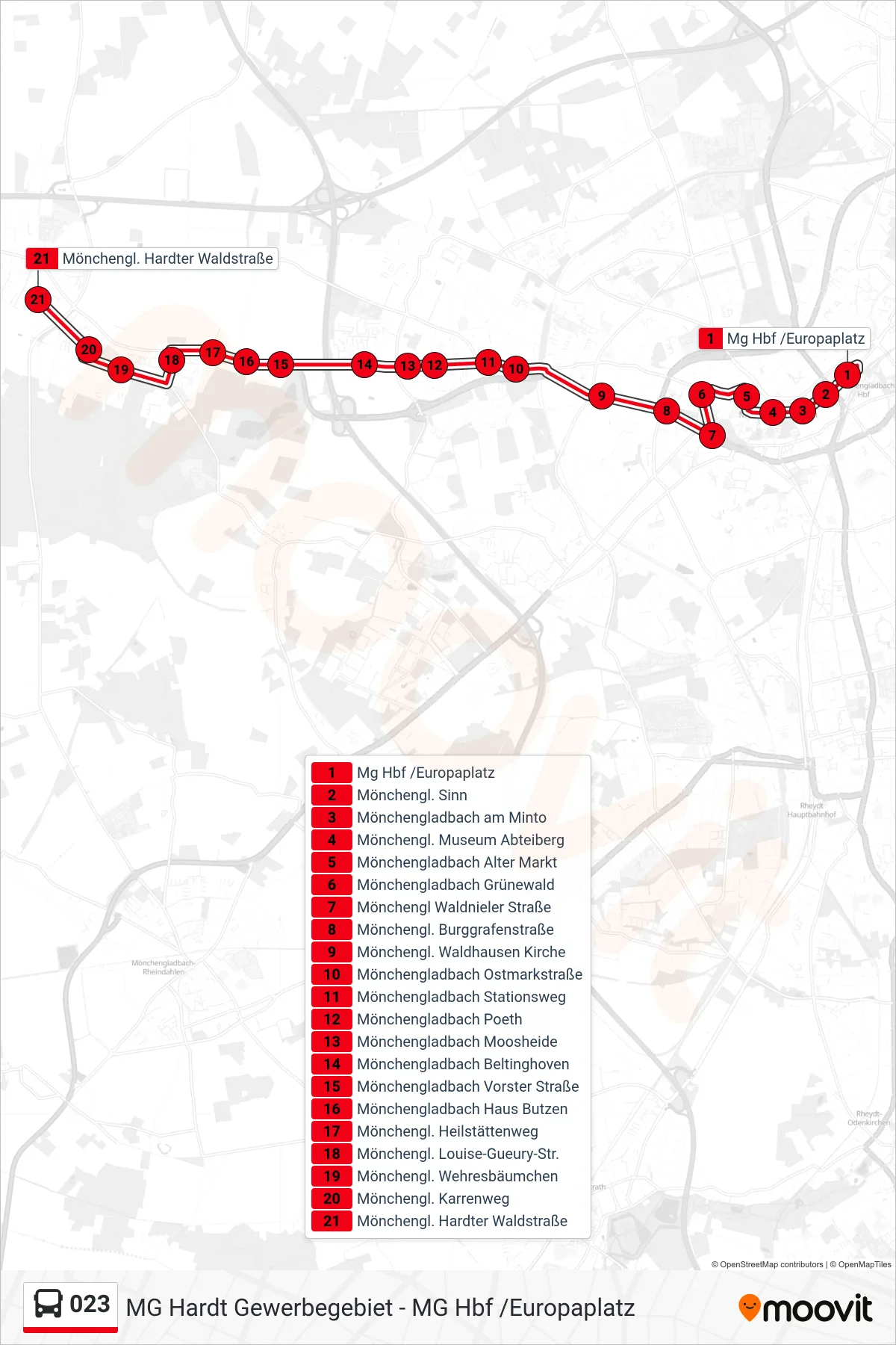 Linie 023 (Bus) Richtung Mönchengl. Hardter Waldstraße: Route und Haltestellen auf der Karte
