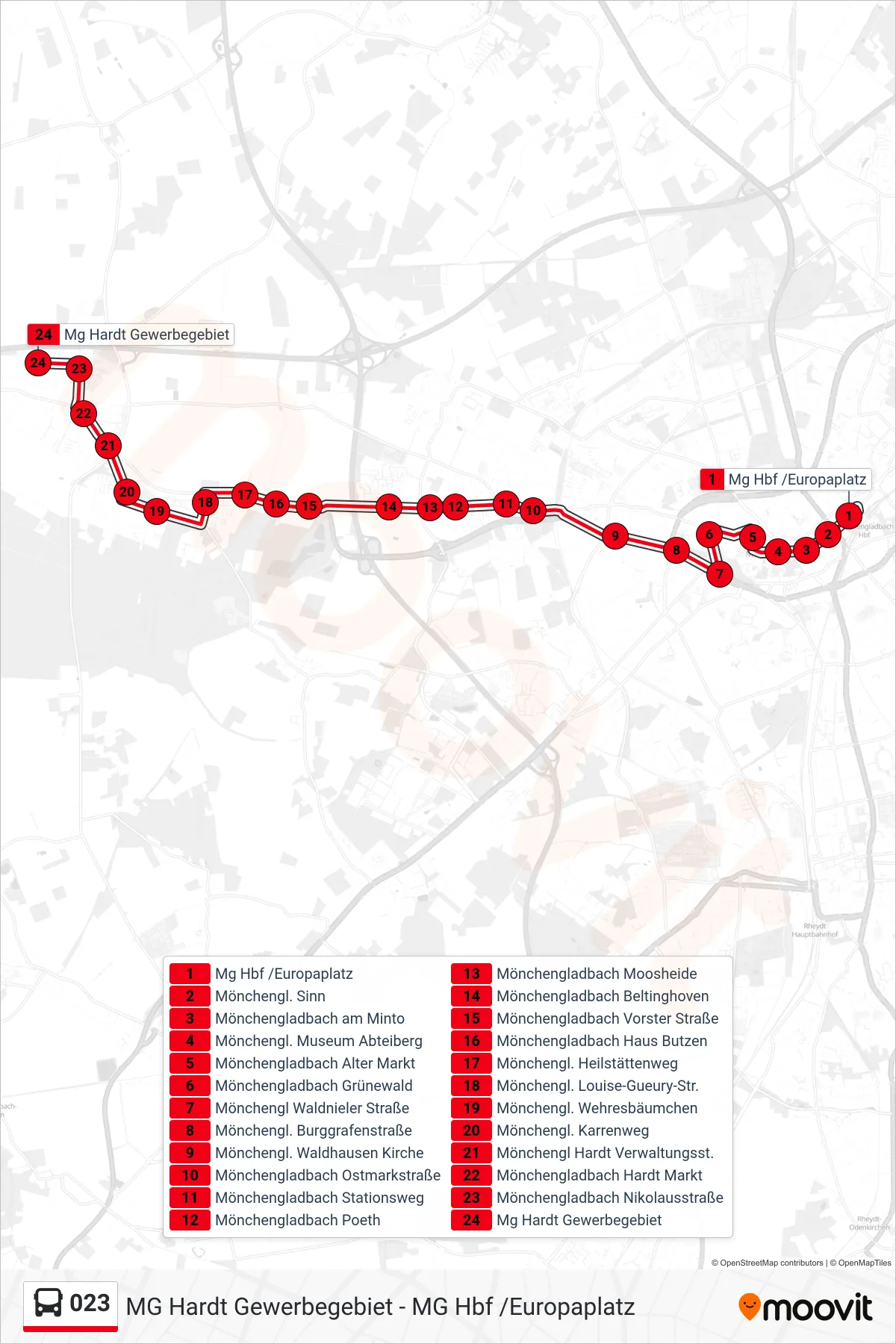 023 bus Line (Mg Hardt Gewerbegebiet) route and stops on a map