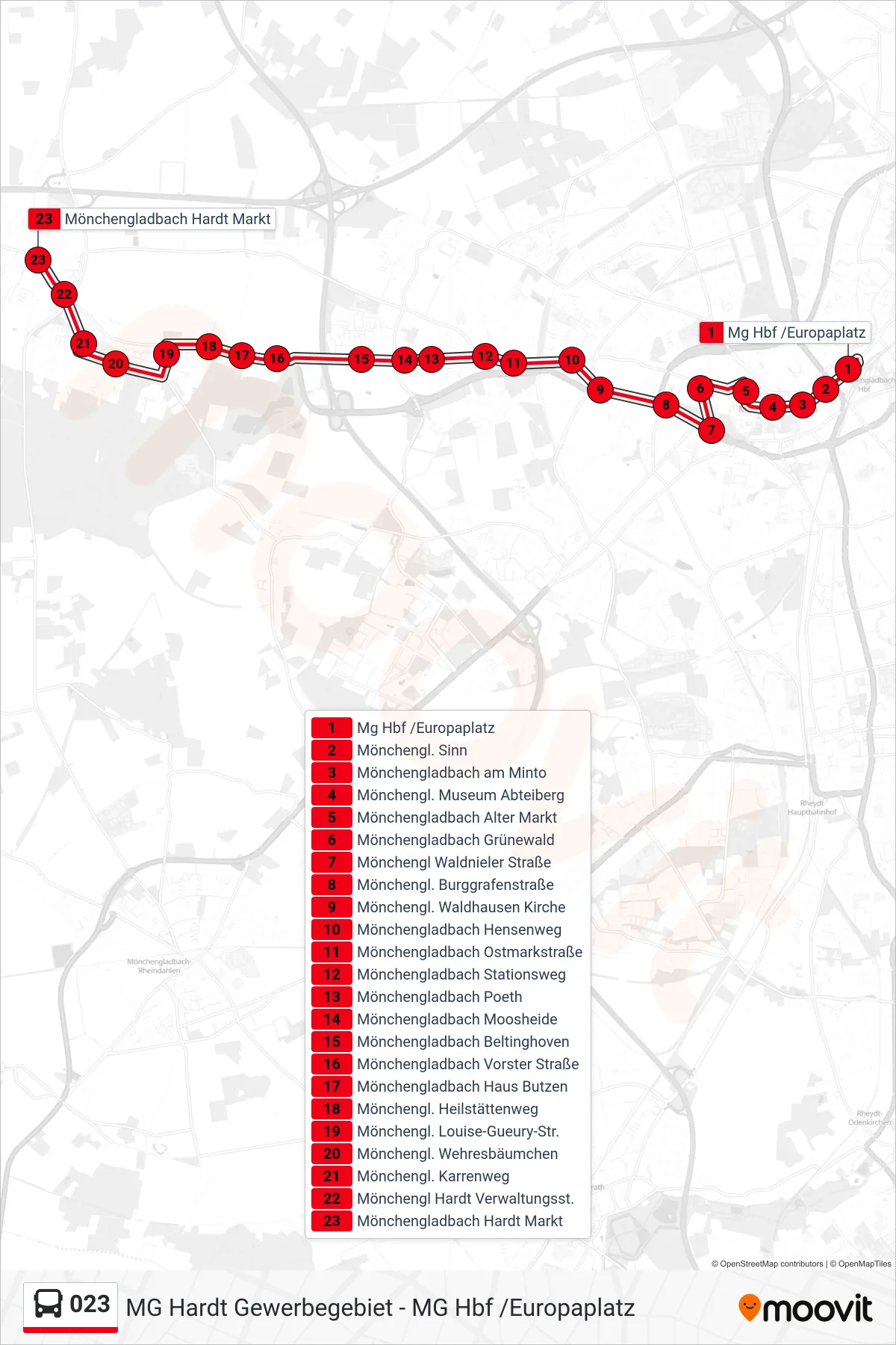 Linie 023 (Bus) Richtung Mönchengladbach Hardt Markt: Route und Haltestellen auf der Karte