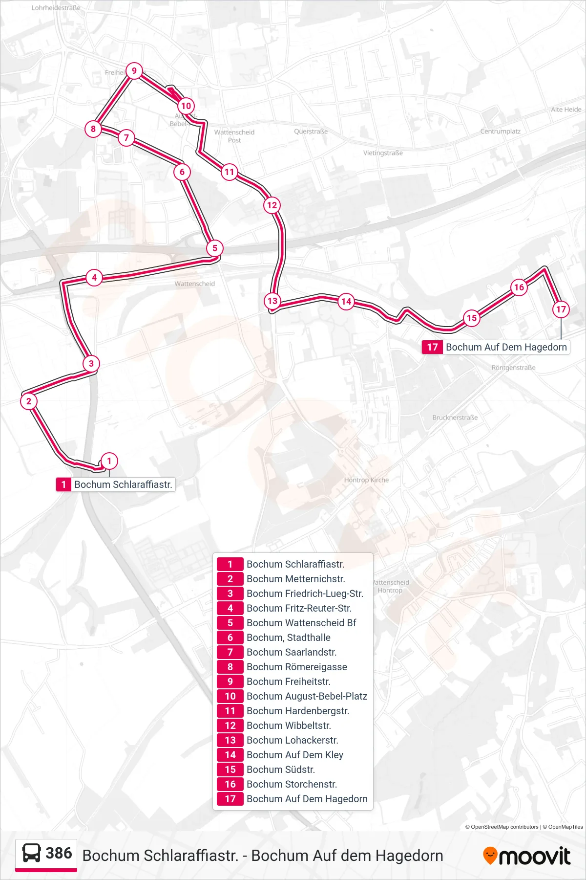 386 bus Line (Bochum Auf Dem Hagedorn) route and stops on a map
