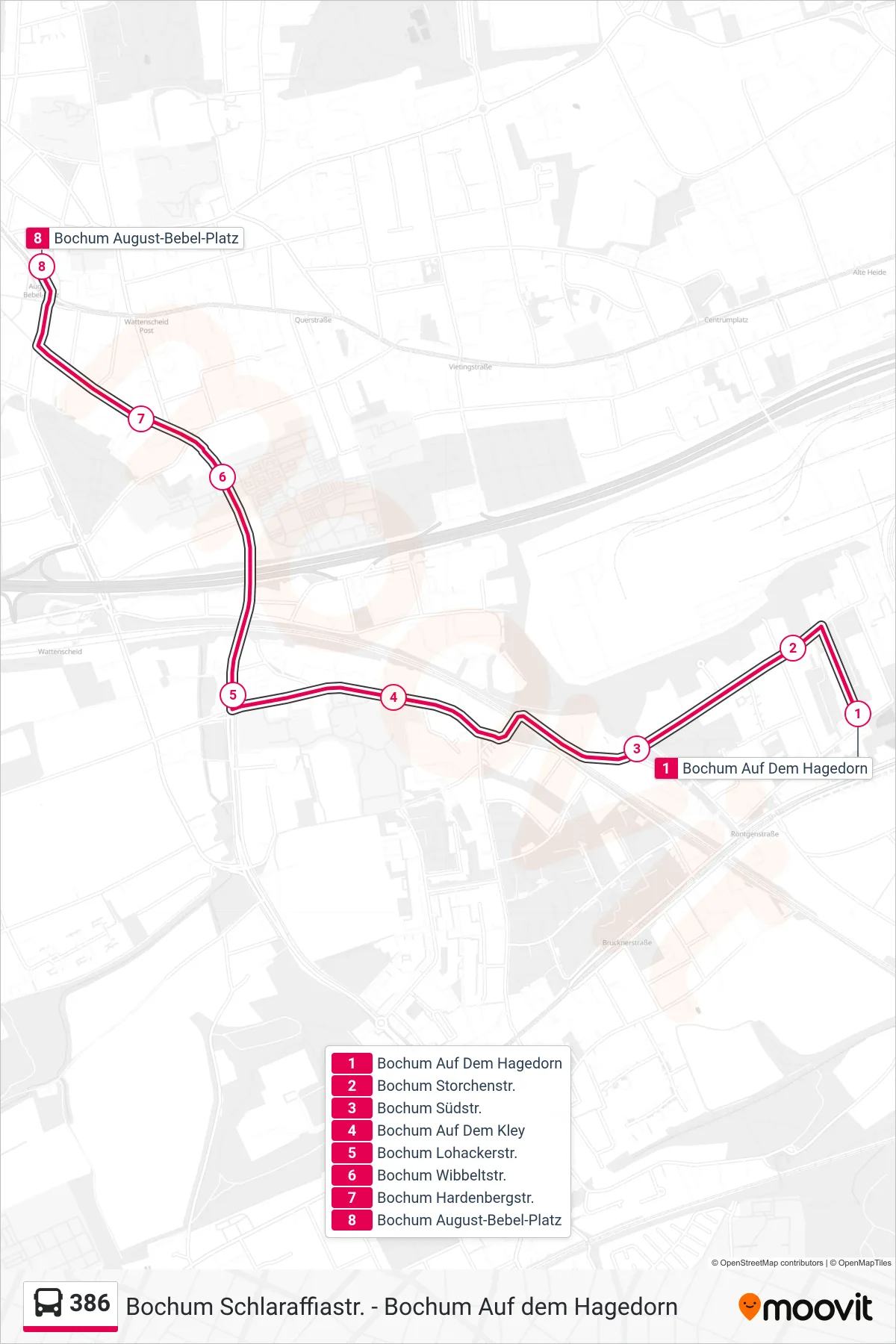 Linie 386 (Bus) Richtung Bochum August-Bebel-Platz: Route und Haltestellen auf der Karte