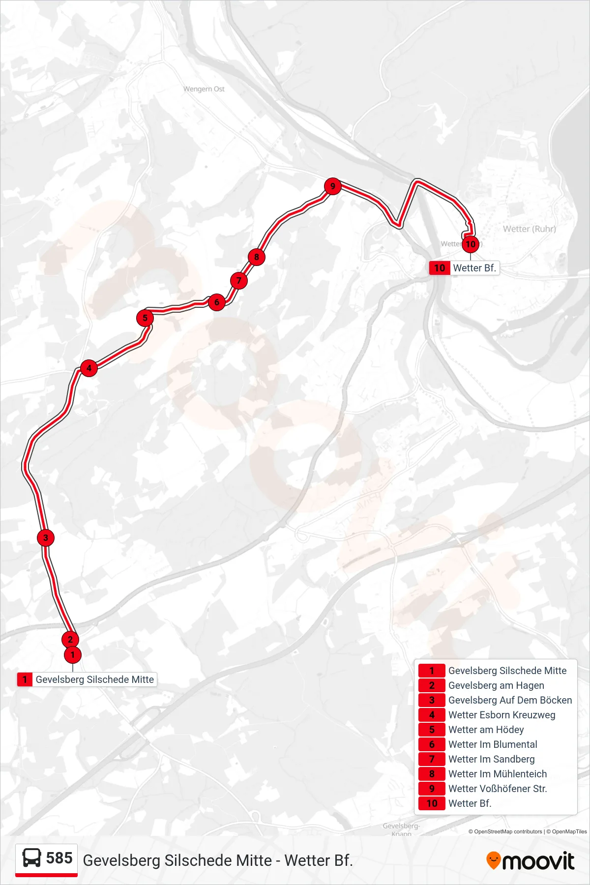 585 bus Line (Wetter Bf.) route and stops on a map