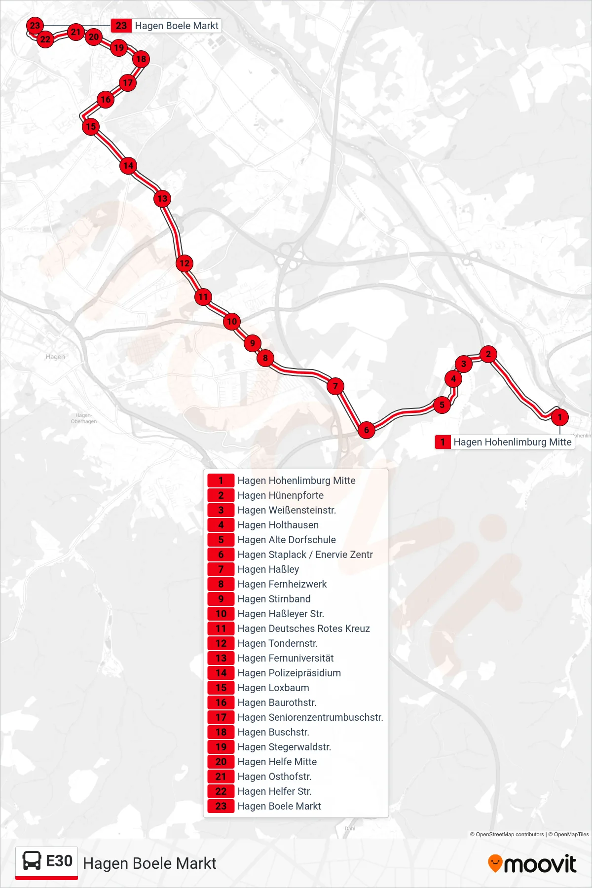 Linie E30 (Bus) Richtung Hagen Boele Markt: Route und Haltestellen auf der Karte