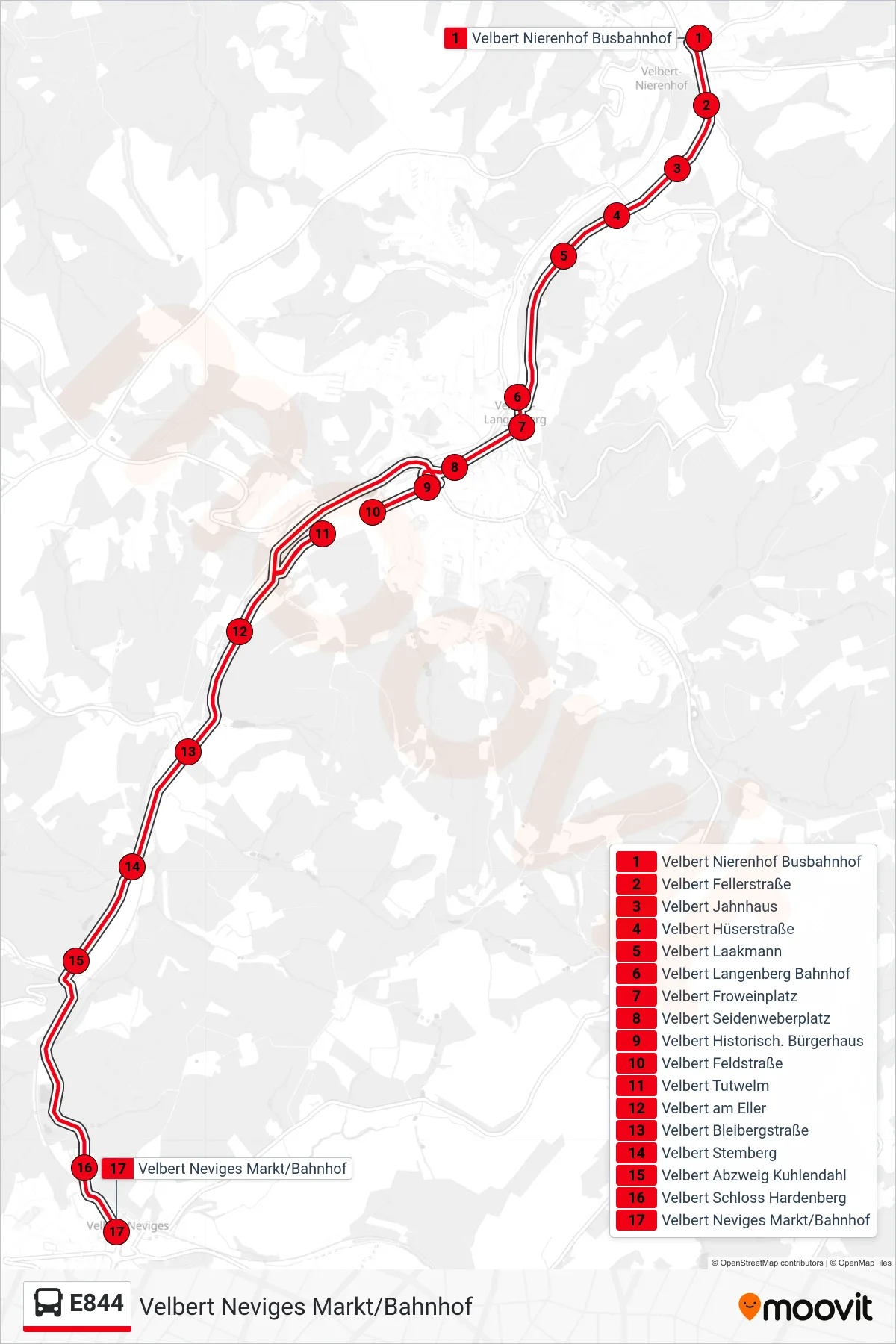 Linie E844 (Bus) Richtung Velbert Neviges Markt/Bahnhof: Route und Haltestellen auf der Karte