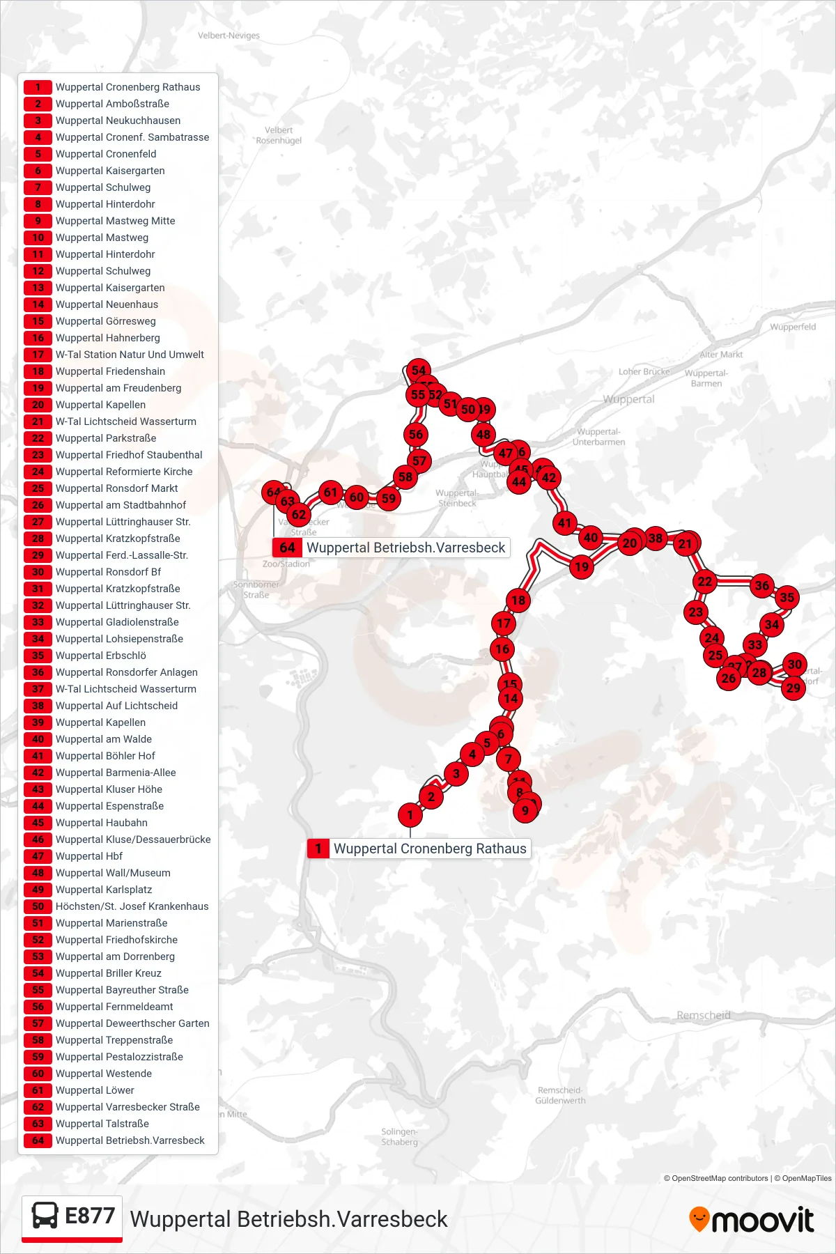 Linie E877 (Bus) Richtung Wuppertal Betriebsh.Varresbeck: Route und Haltestellen auf der Karte
