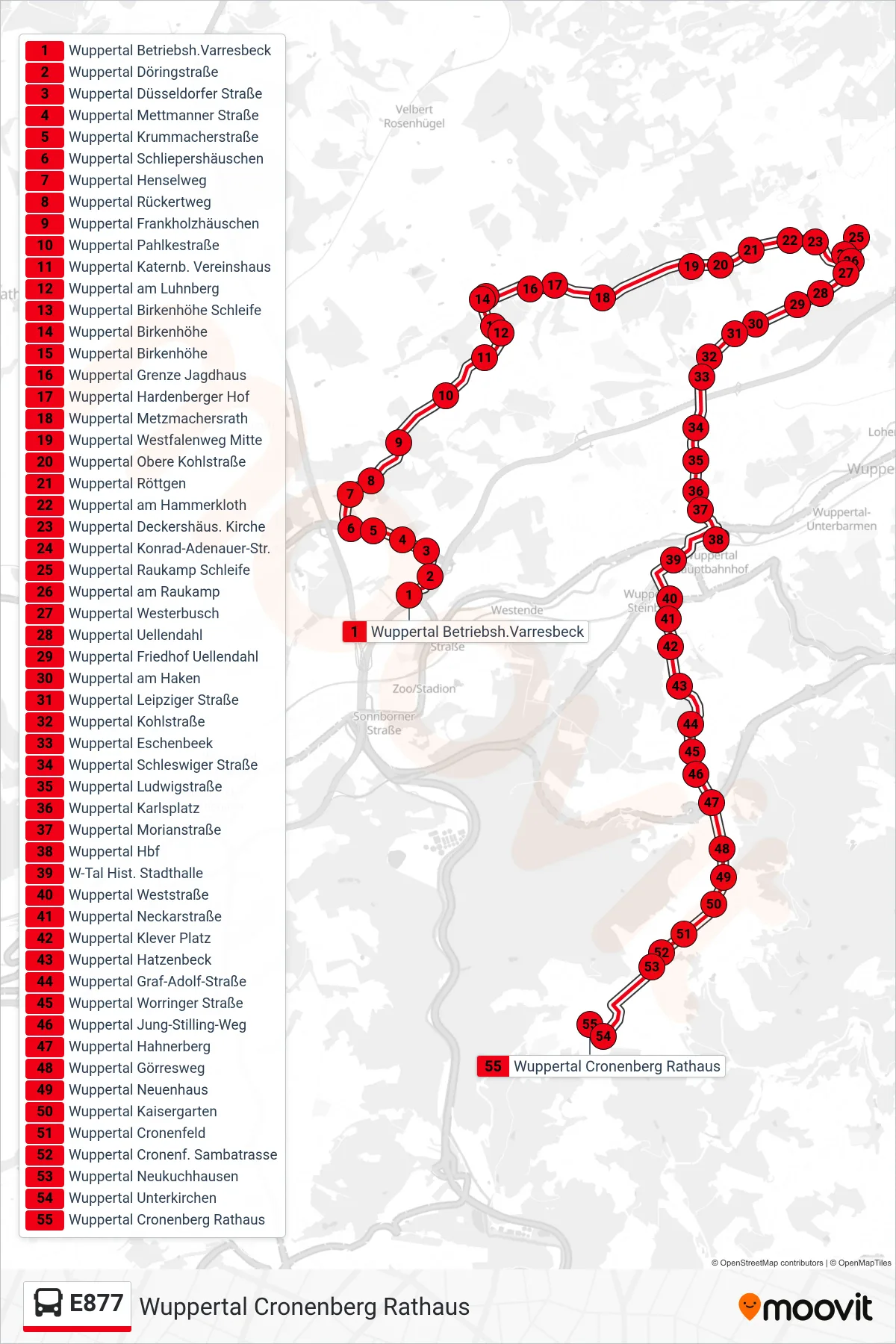 Linie E877 (Bus) Richtung Wuppertal Cronenberg Rathaus: Route und Haltestellen auf der Karte