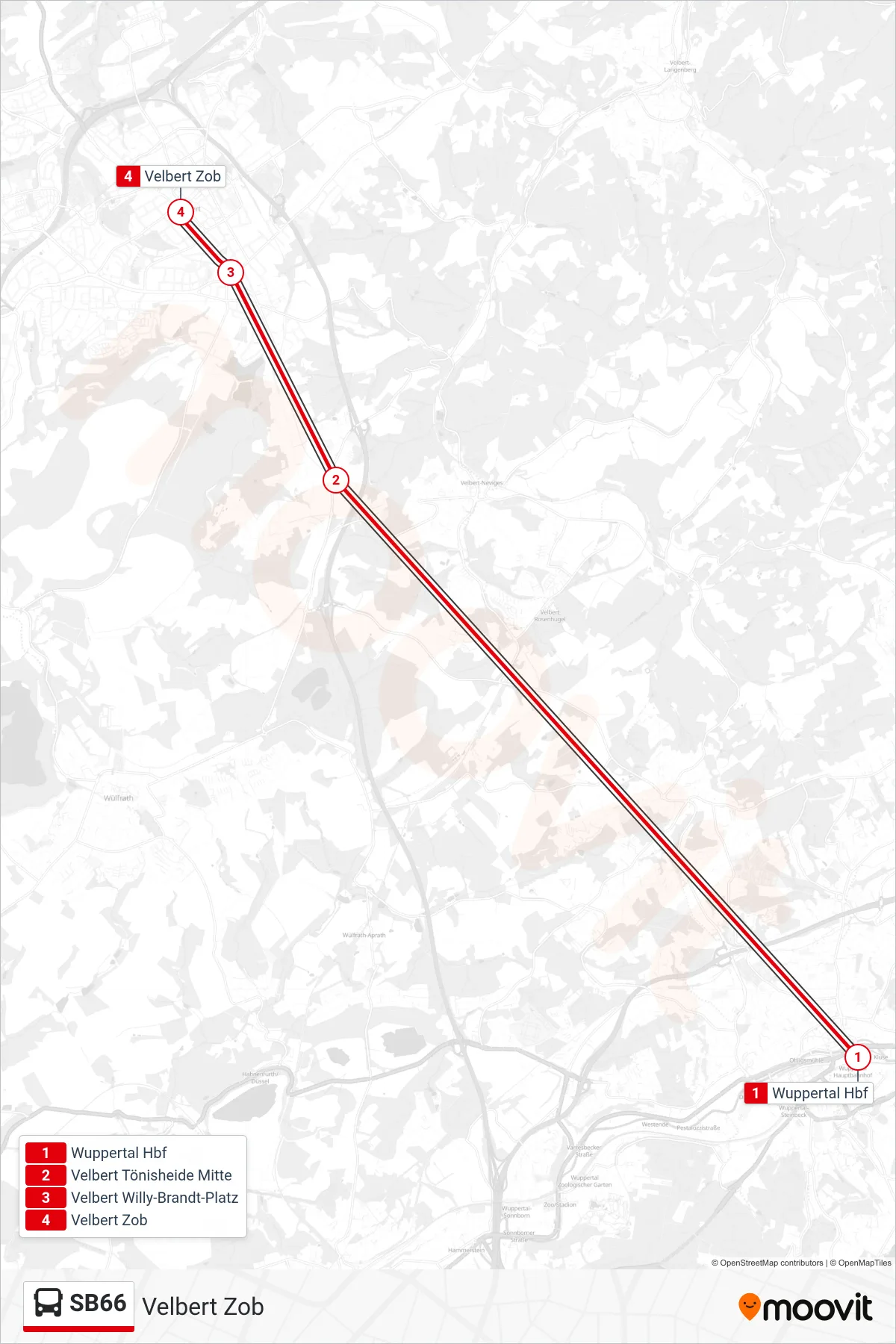 Linie SB66 (Bus) Richtung Velbert Zob: Route und Haltestellen auf der Karte