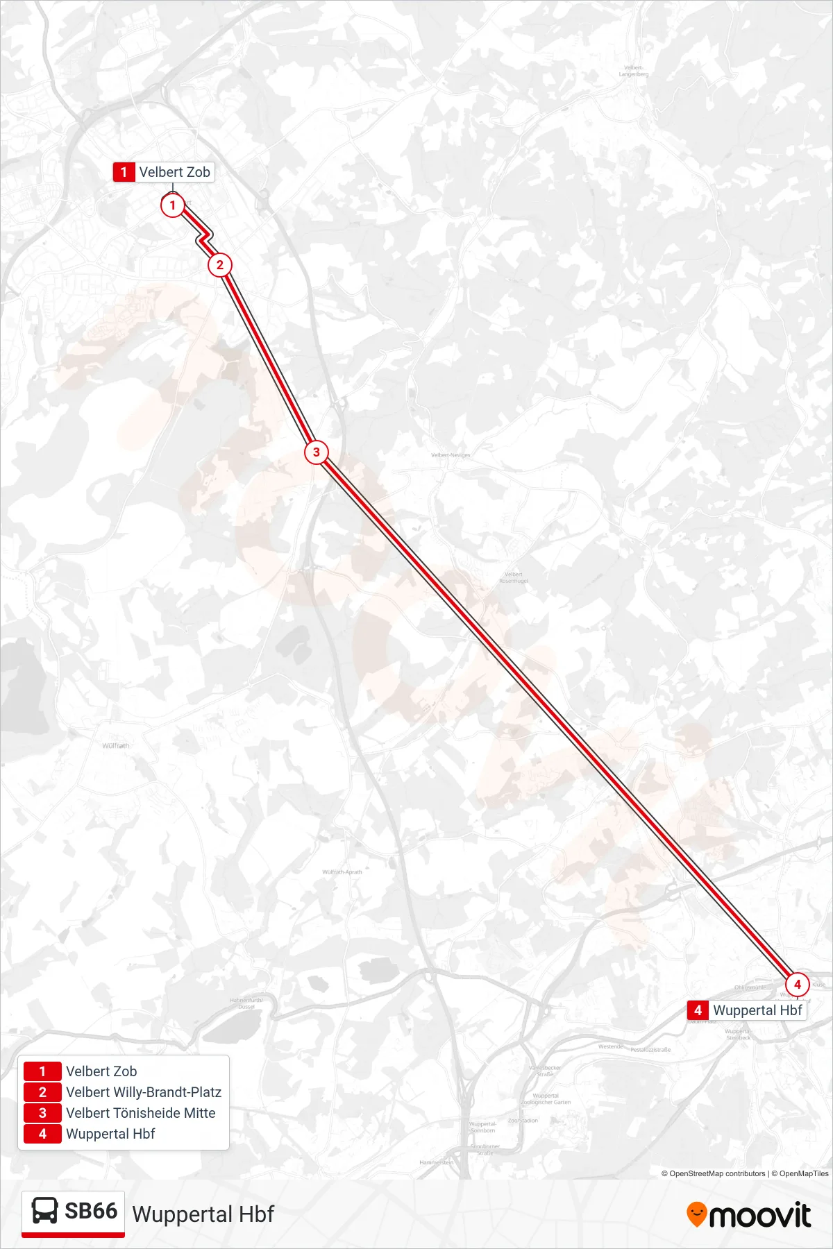 Linie SB66 (Bus) Richtung Wuppertal Hbf: Route und Haltestellen auf der Karte