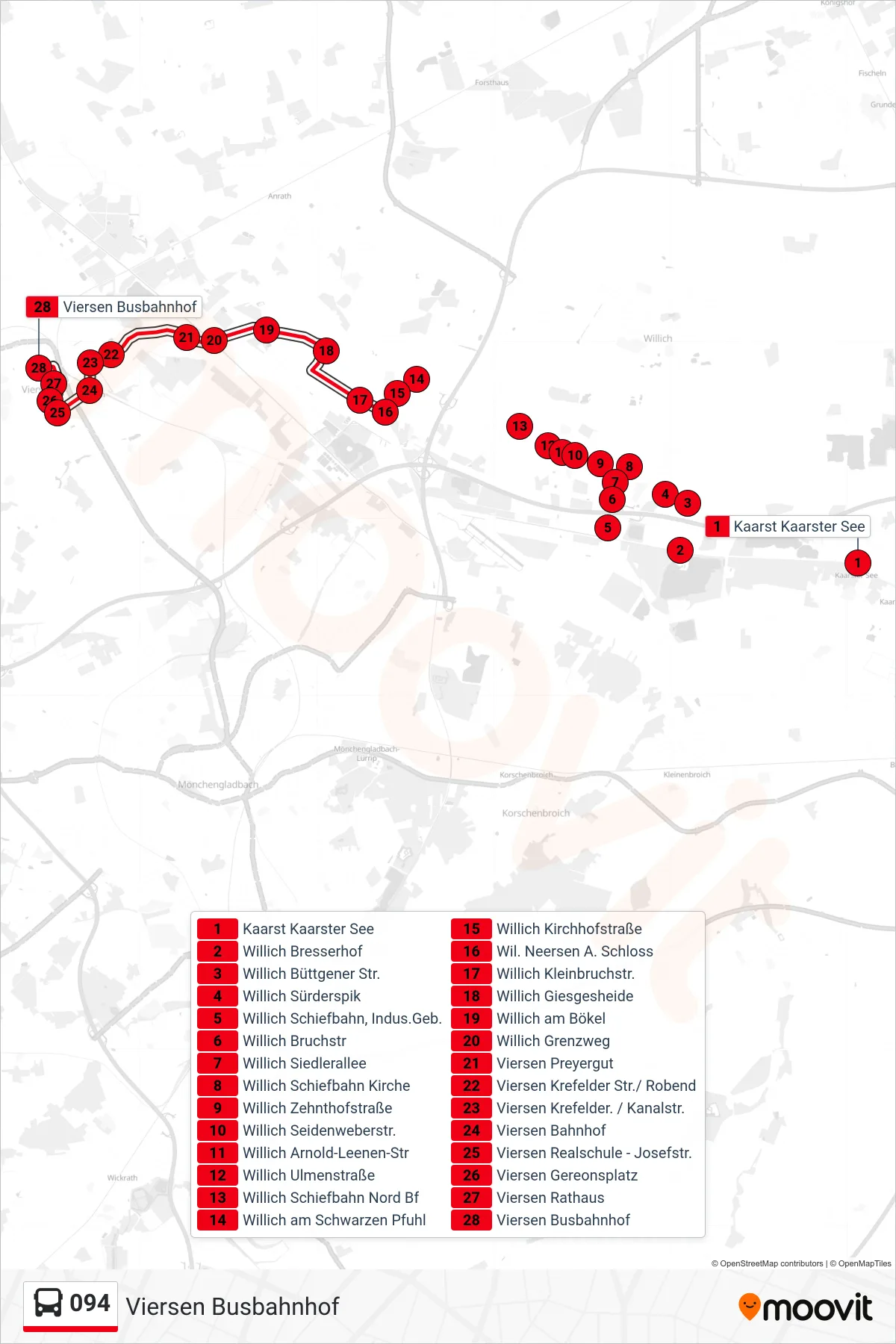 Linie 094 (Bus) Richtung Viersen Busbahnhof: Route und Haltestellen auf der Karte