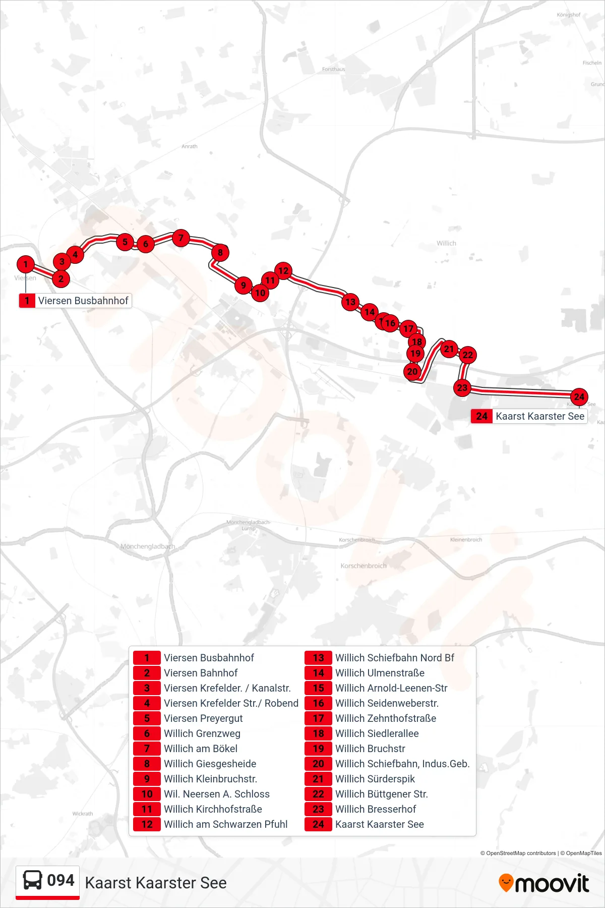 Linie 094 (Bus) Richtung Kaarst Kaarster See: Route und Haltestellen auf der Karte