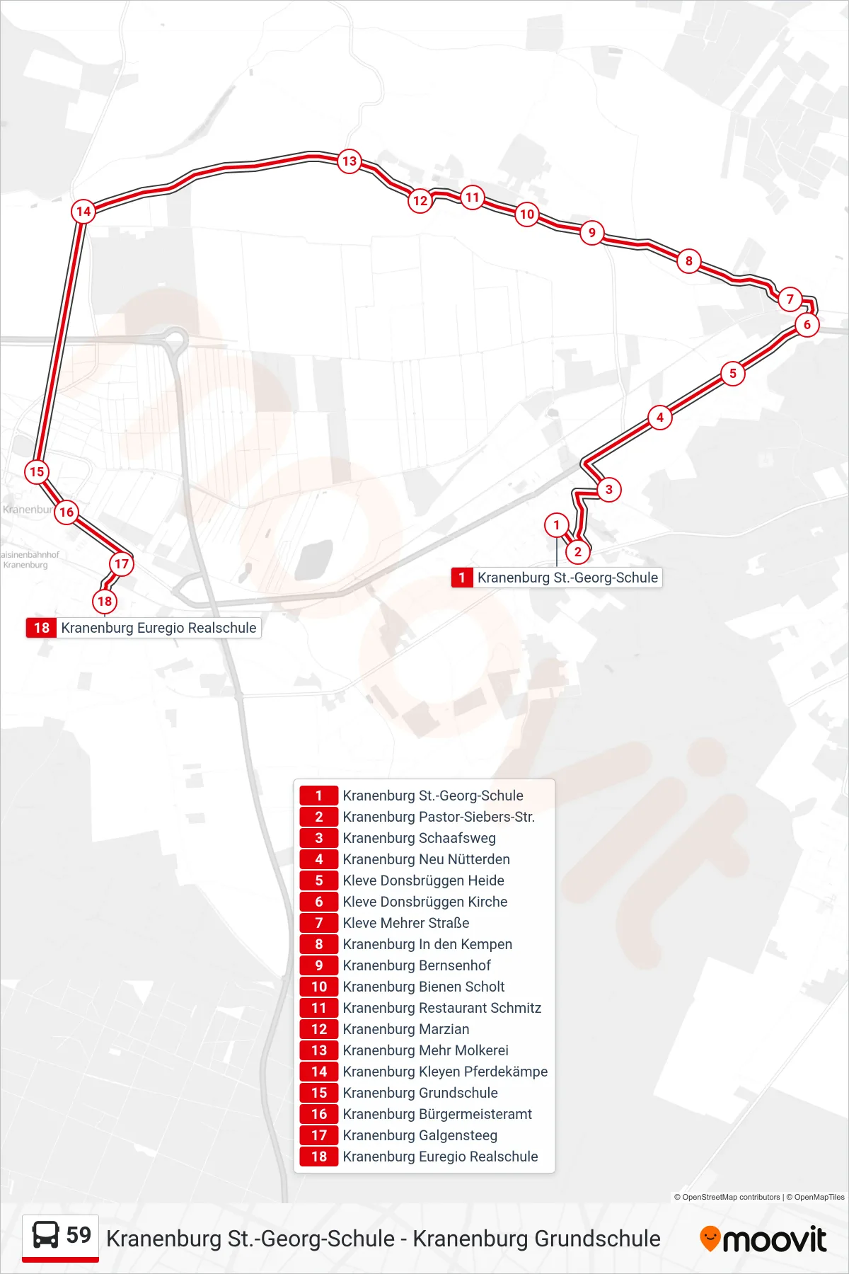 59 bus Line (Kranenburg Euregio Realschule) route and stops on a map