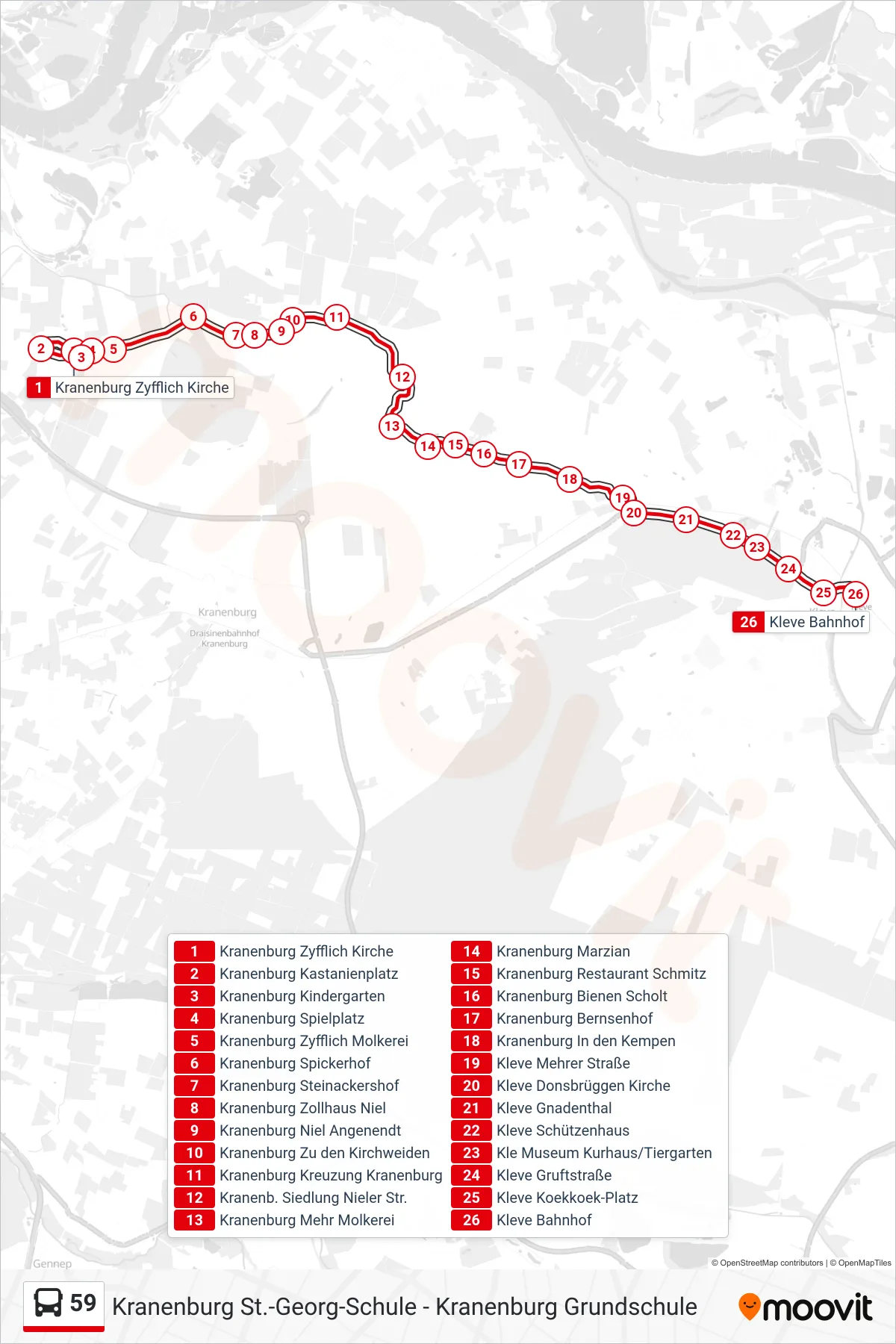 59 bus Line (Kleve Bahnhof) route and stops on a map