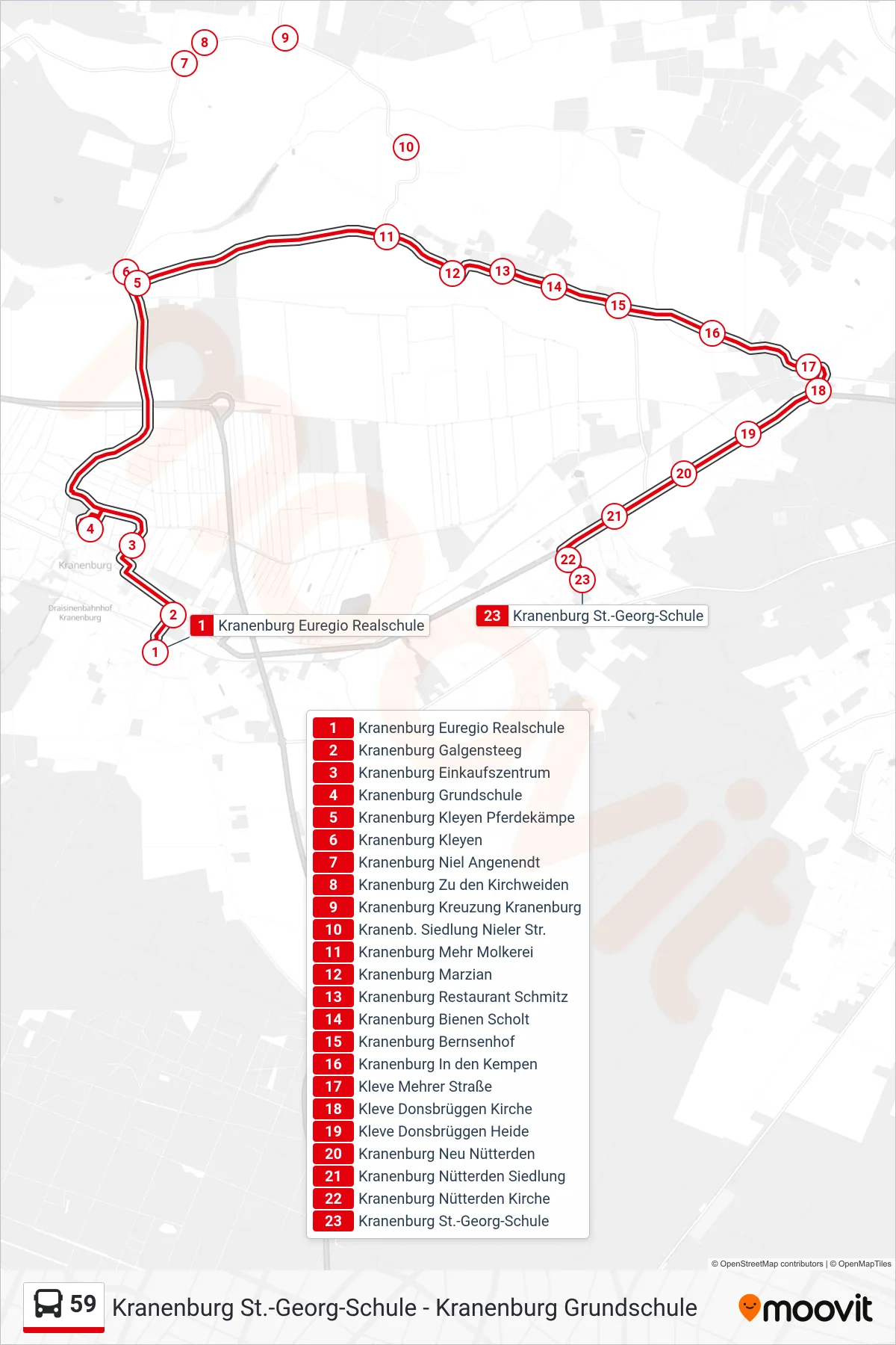59 bus Line (Kranenburg St.-Georg-Schule) route and stops on a map