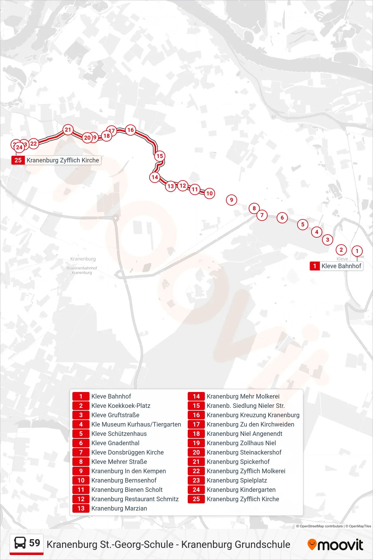 59 bus Line (Kranenburg Zyfflich Kirche) route and stops on a map