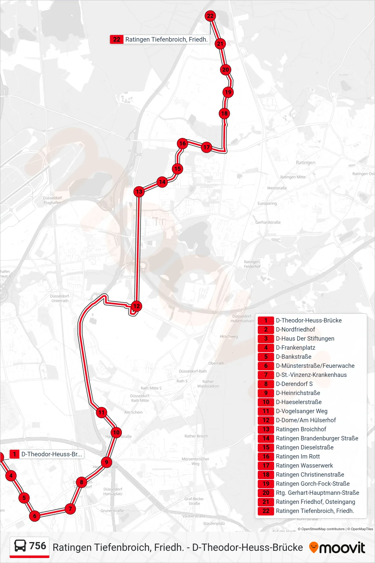 Linie 756 (Bus) Richtung Ratingen Tiefenbroich, Friedh.: Route und Haltestellen auf der Karte