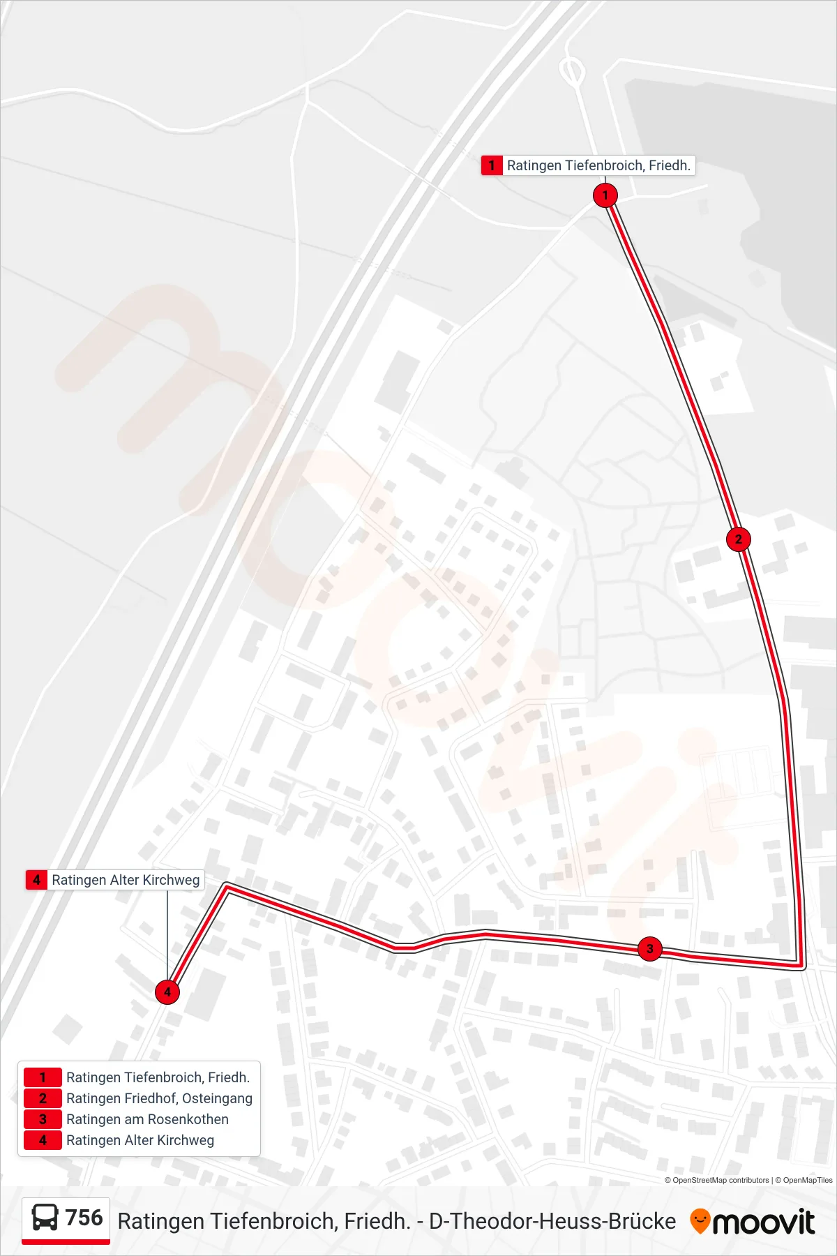 Linie 756 (Bus) Richtung Ratingen Alter Kirchweg: Route und Haltestellen auf der Karte