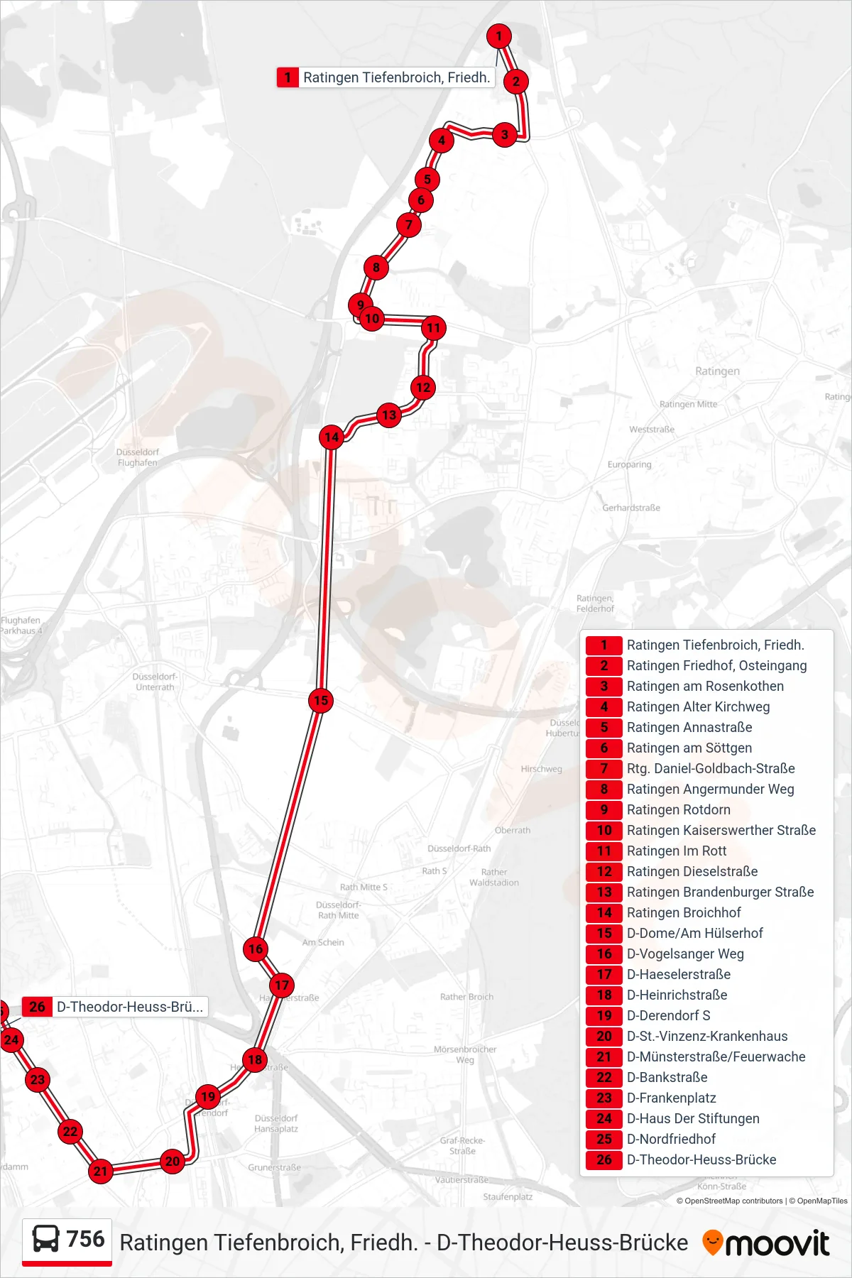 Linie 756 (Bus) Richtung D-Theodor-Heuss-Brücke: Route und Haltestellen auf der Karte