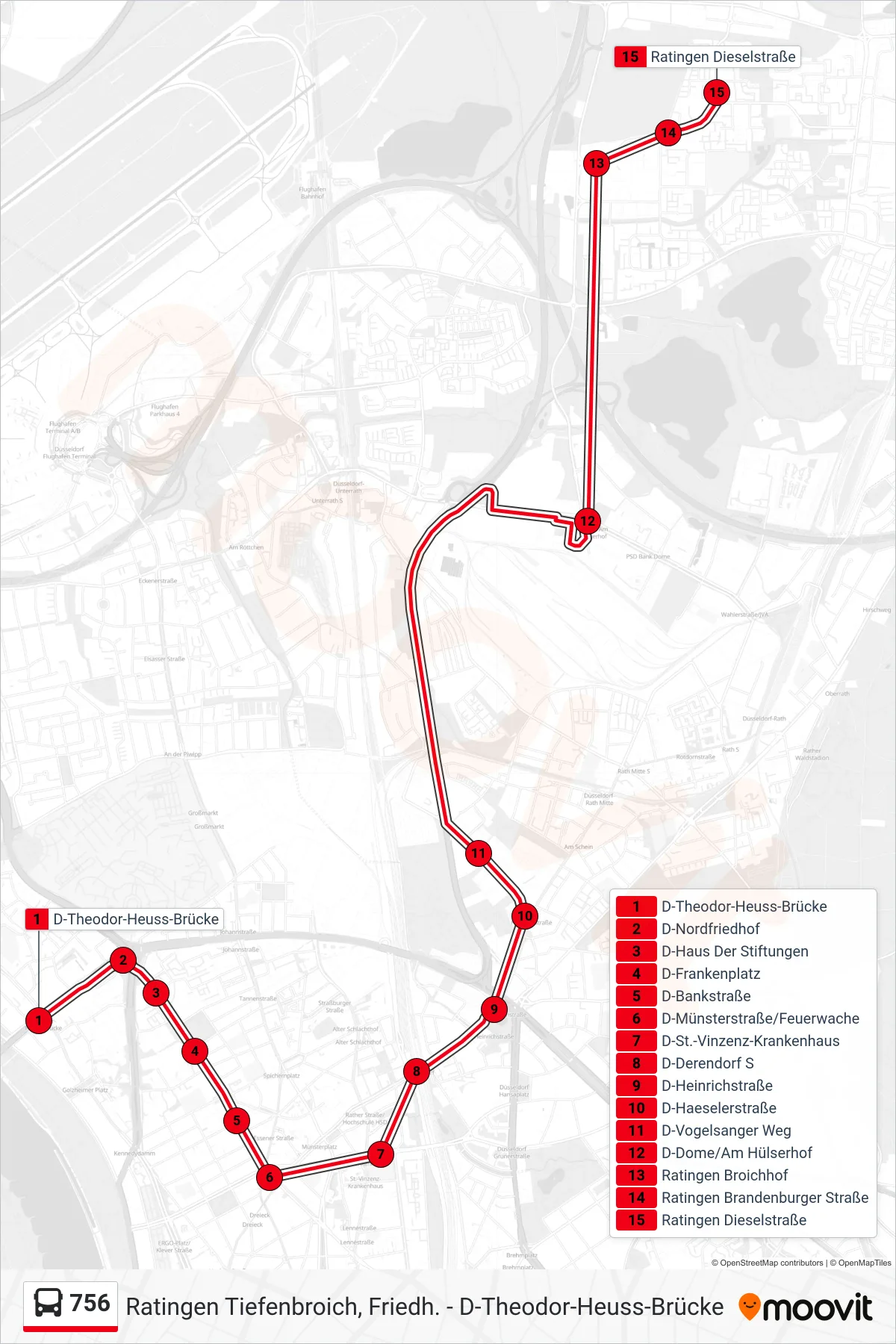 Linie 756 (Bus) Richtung Ratingen Dieselstraße: Route und Haltestellen auf der Karte
