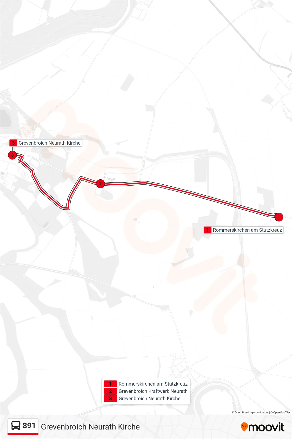 Linie 891 (Bus) Richtung Grevenbroich Neurath Kirche: Route und Haltestellen auf der Karte