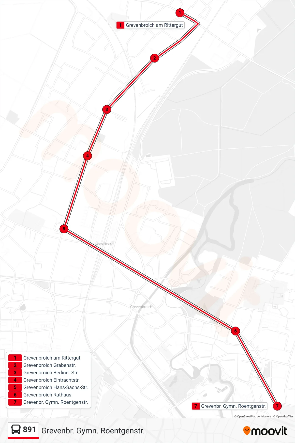 891 bus Line (Grevenbr. Gymn. Roentgenstr.) route and stops on a map