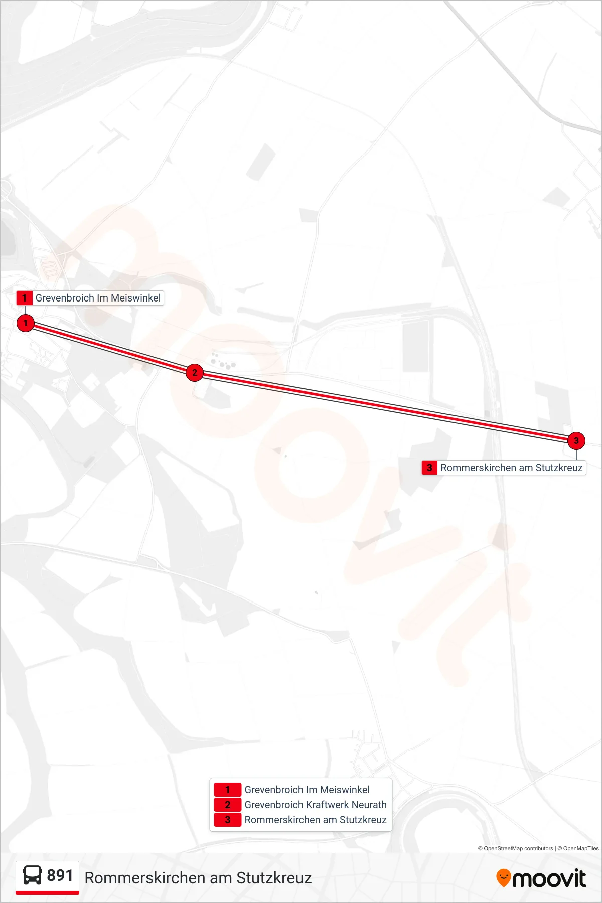 891 bus Line (Rommerskirchen am Stutzkreuz) route and stops on a map