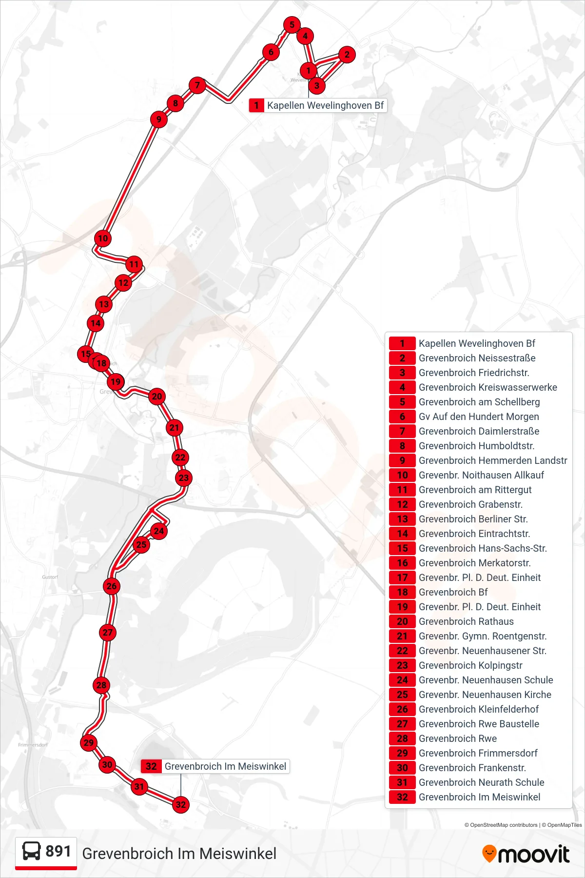 Linie 891 (Bus) Richtung Grevenbroich Im Meiswinkel: Route und Haltestellen auf der Karte