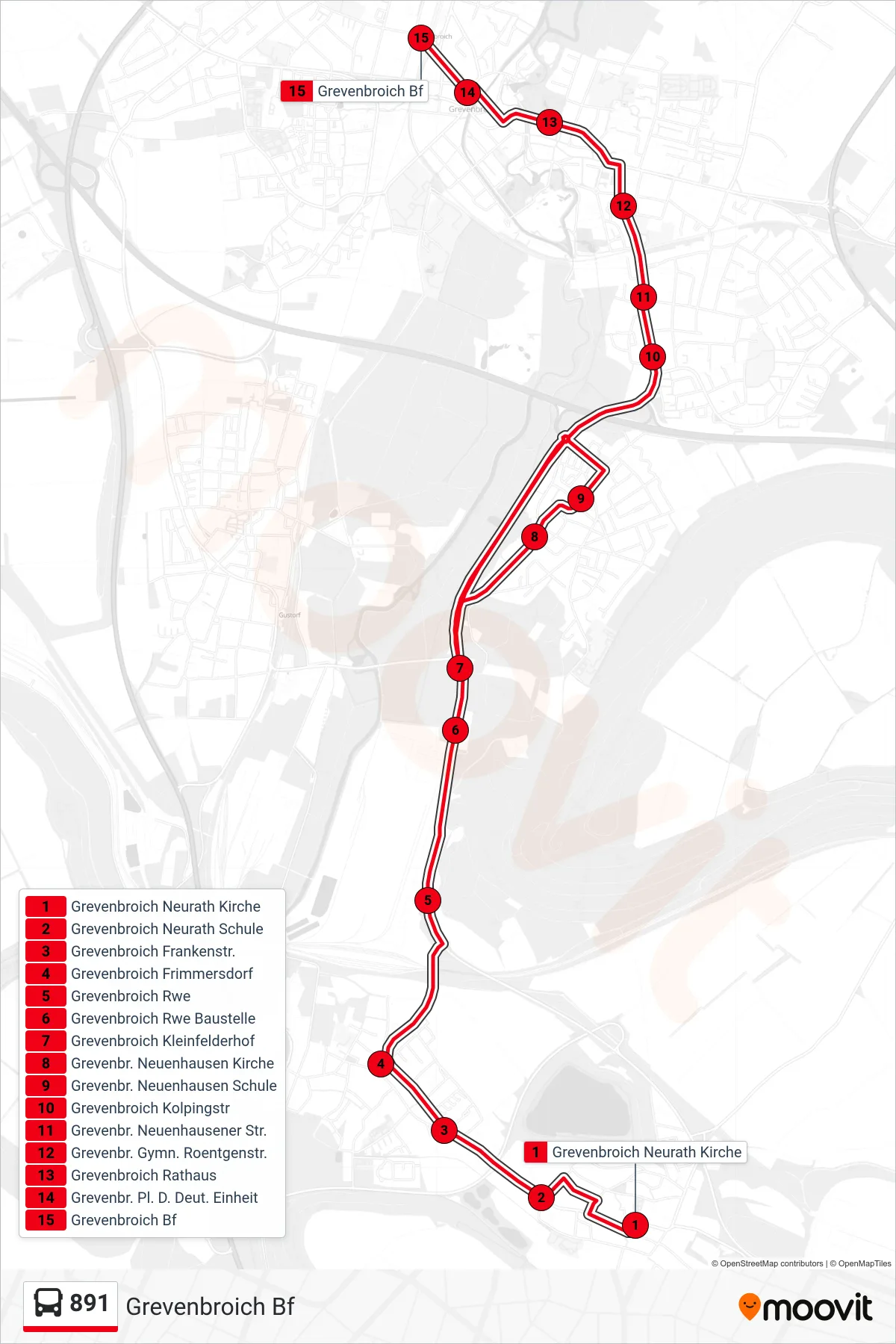 Linie 891 (Bus) Richtung Grevenbroich Bf: Route und Haltestellen auf der Karte