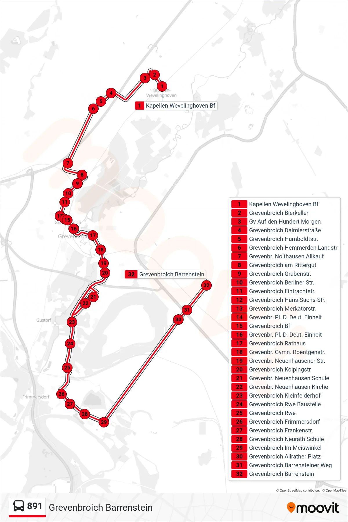 891 bus Line (Grevenbroich Barrenstein) route and stops on a map