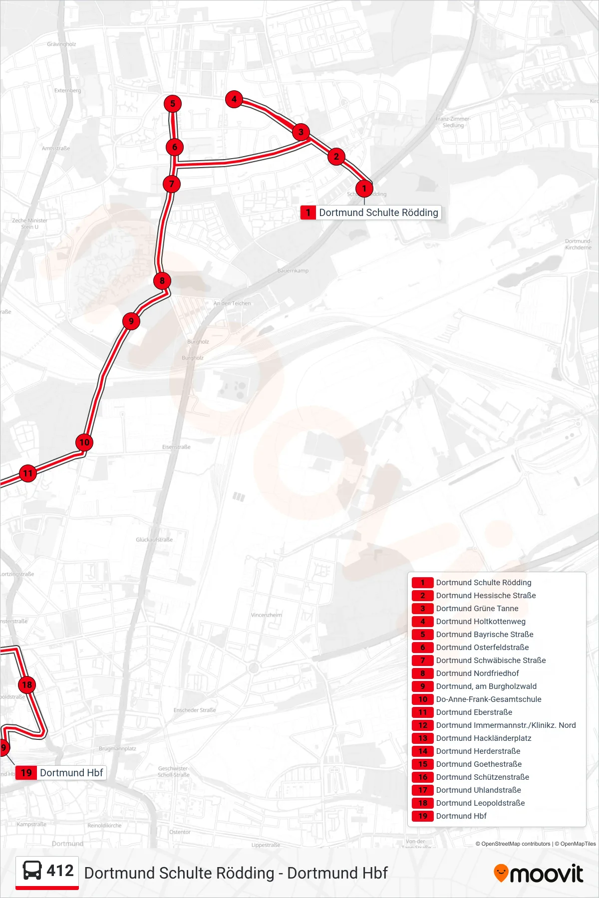 Linie 412 (Bus) Richtung Dortmund Hbf: Route und Haltestellen auf der Karte