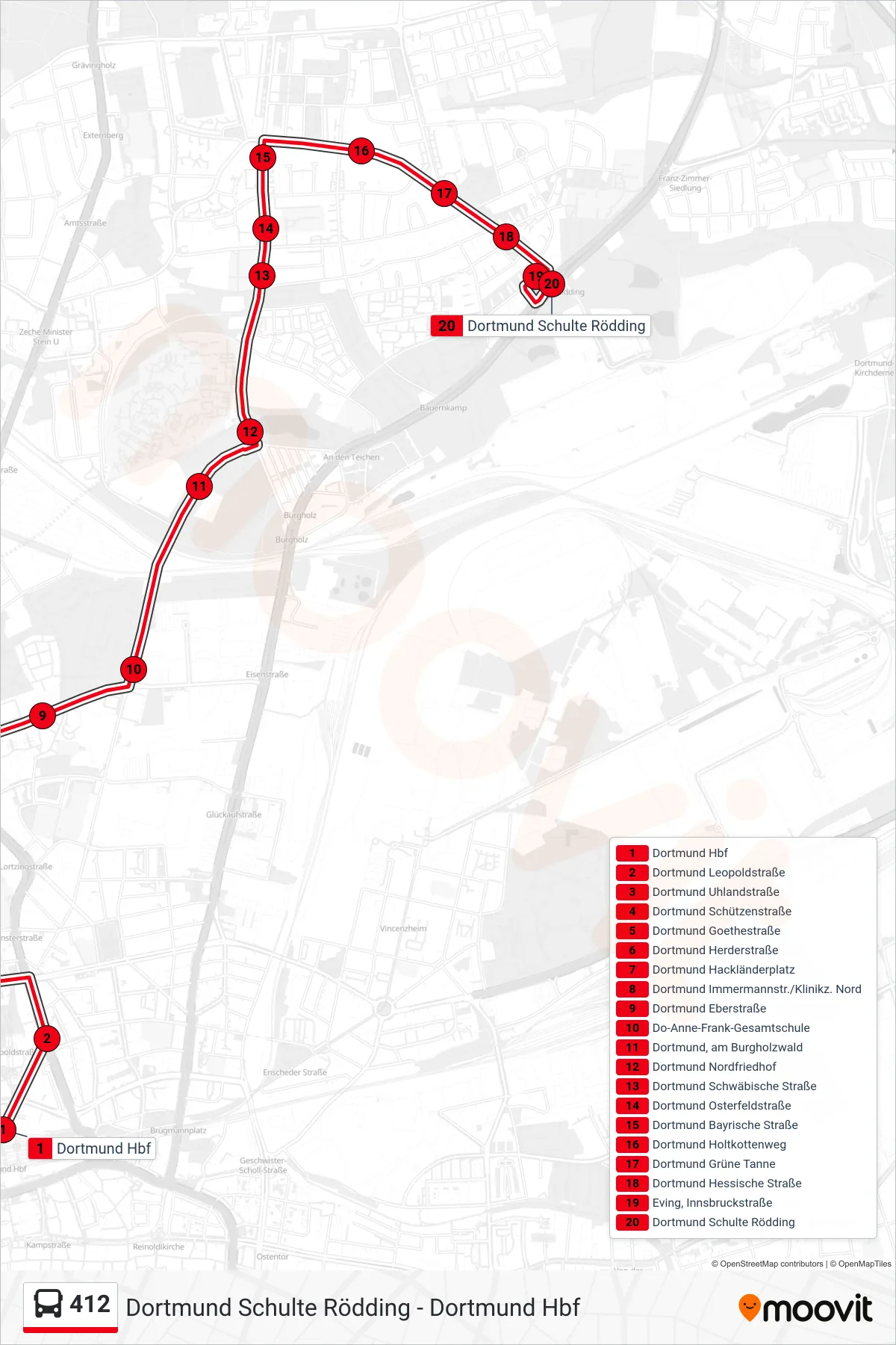412 bus Line (Dortmund Schulte Rödding) route and stops on a map
