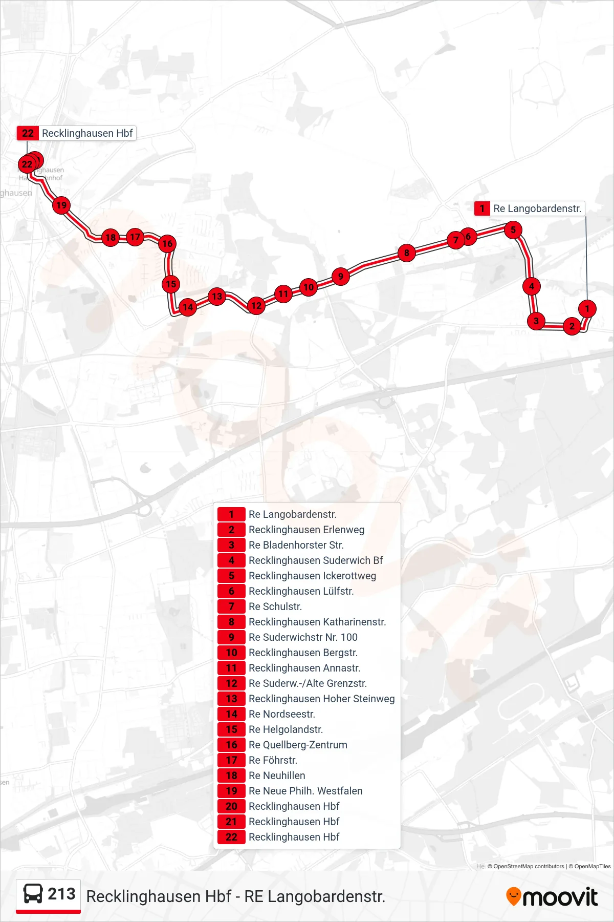 Linie 213 (Bus) Richtung Recklinghausen Hbf: Route und Haltestellen auf der Karte